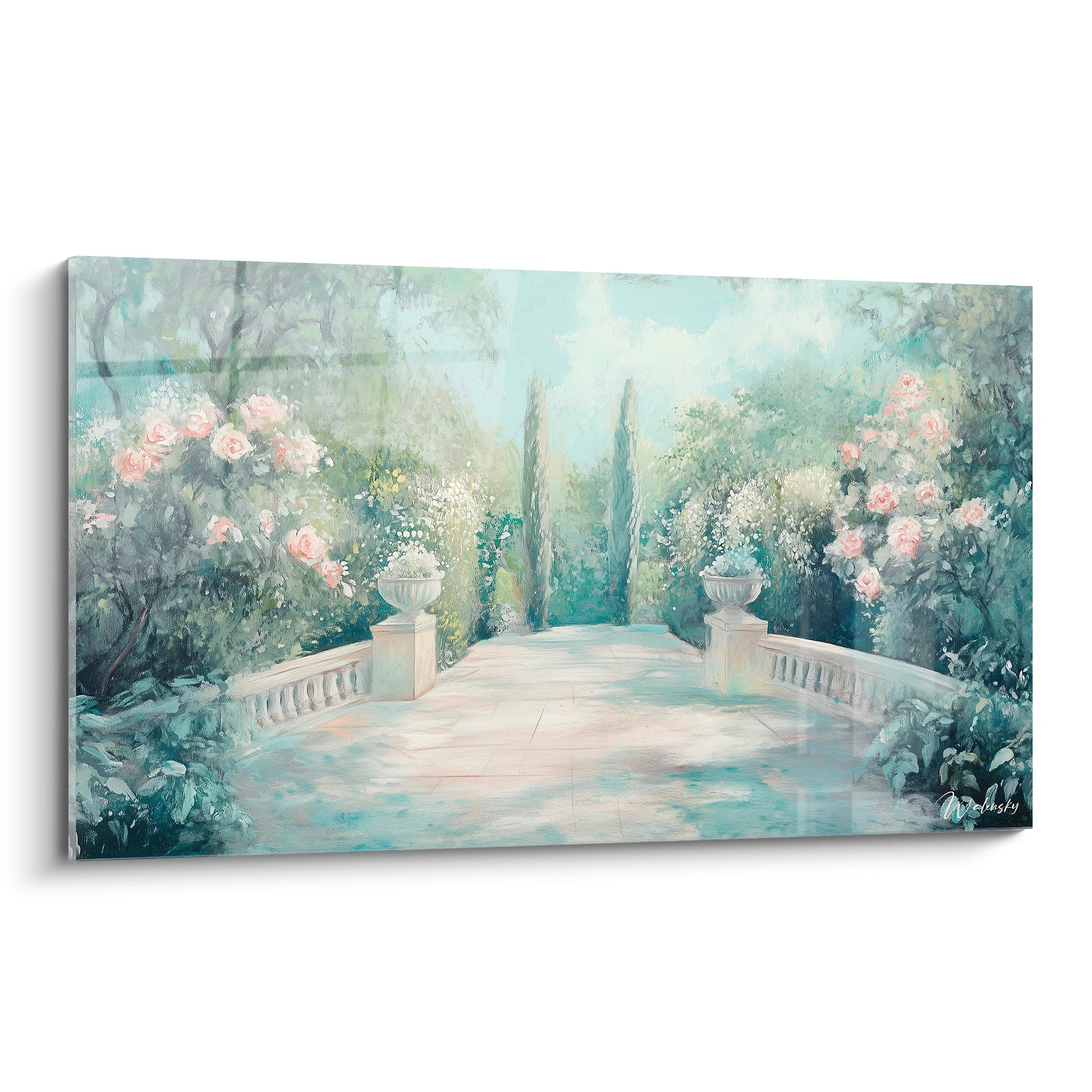 Tableau jardin romantique mettant en scène une terrasse à balustrades blanches entourée de rosiers roses et de cyprès verts, avec une perspective centrale baignée d'une lumière éthérée bleue-verte créant une atmosphère paisible.
