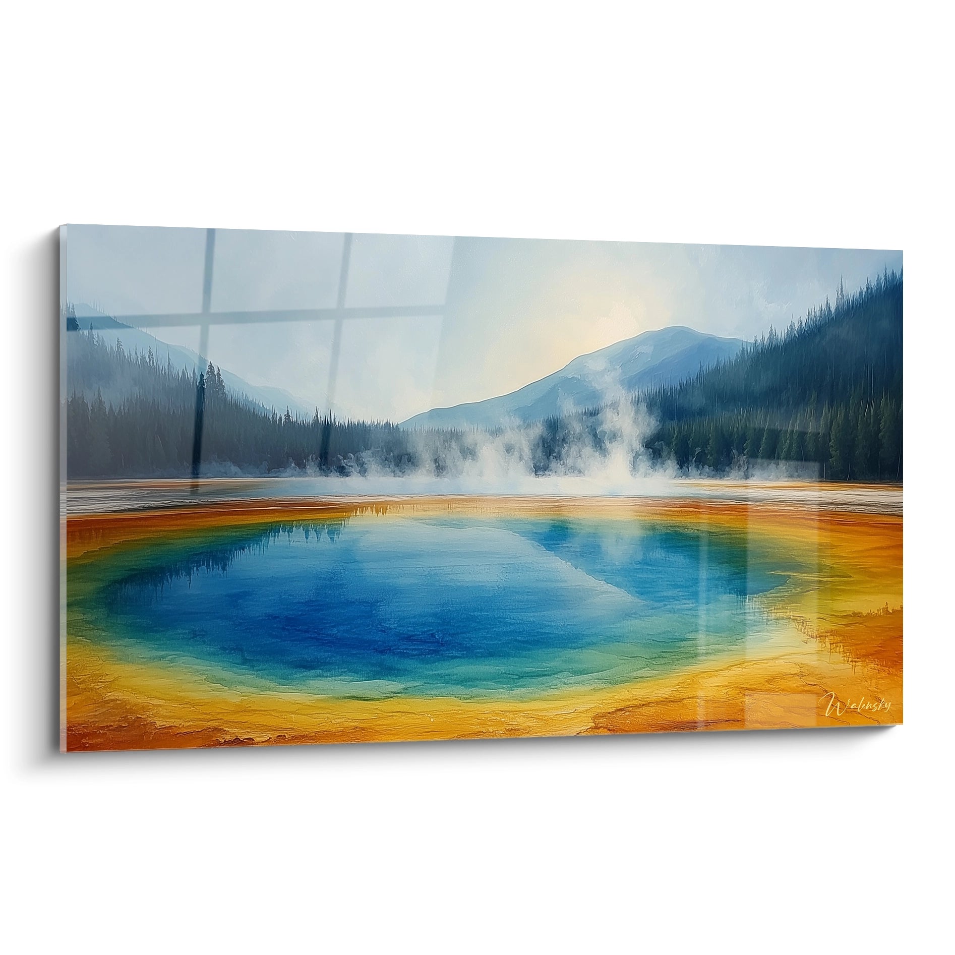 Un tableau source thermale représentant un bassin d'eau bleu profond entouré de bordures orange et jaunes, avec des forêts de conifères verts en arrière-plan et des vapeurs blanches s'élevant de la surface, sous un ciel lumineux et des montagnes lointaines.
