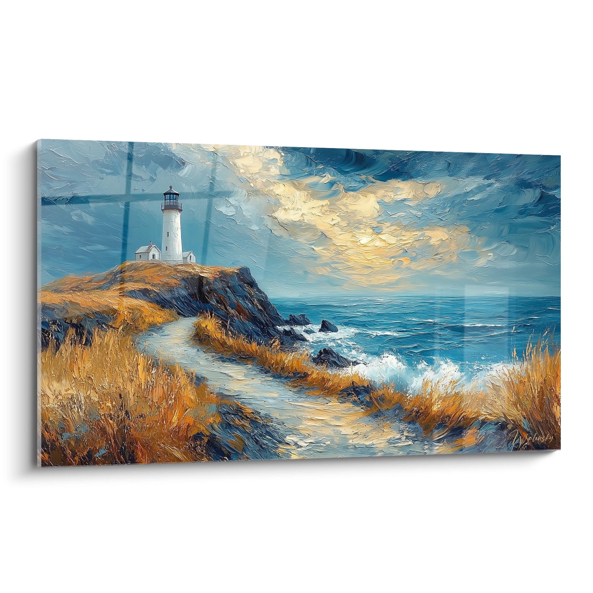 Tableau phare maritime représentant un phare blanc sur une falaise rocheuse, entouré d'herbes dorées ondulantes, avec un océan bleu agité et un ciel nuageux aux teintes dorées, rendu avec des coups de pinceau texturés et des empâtements visibles.
