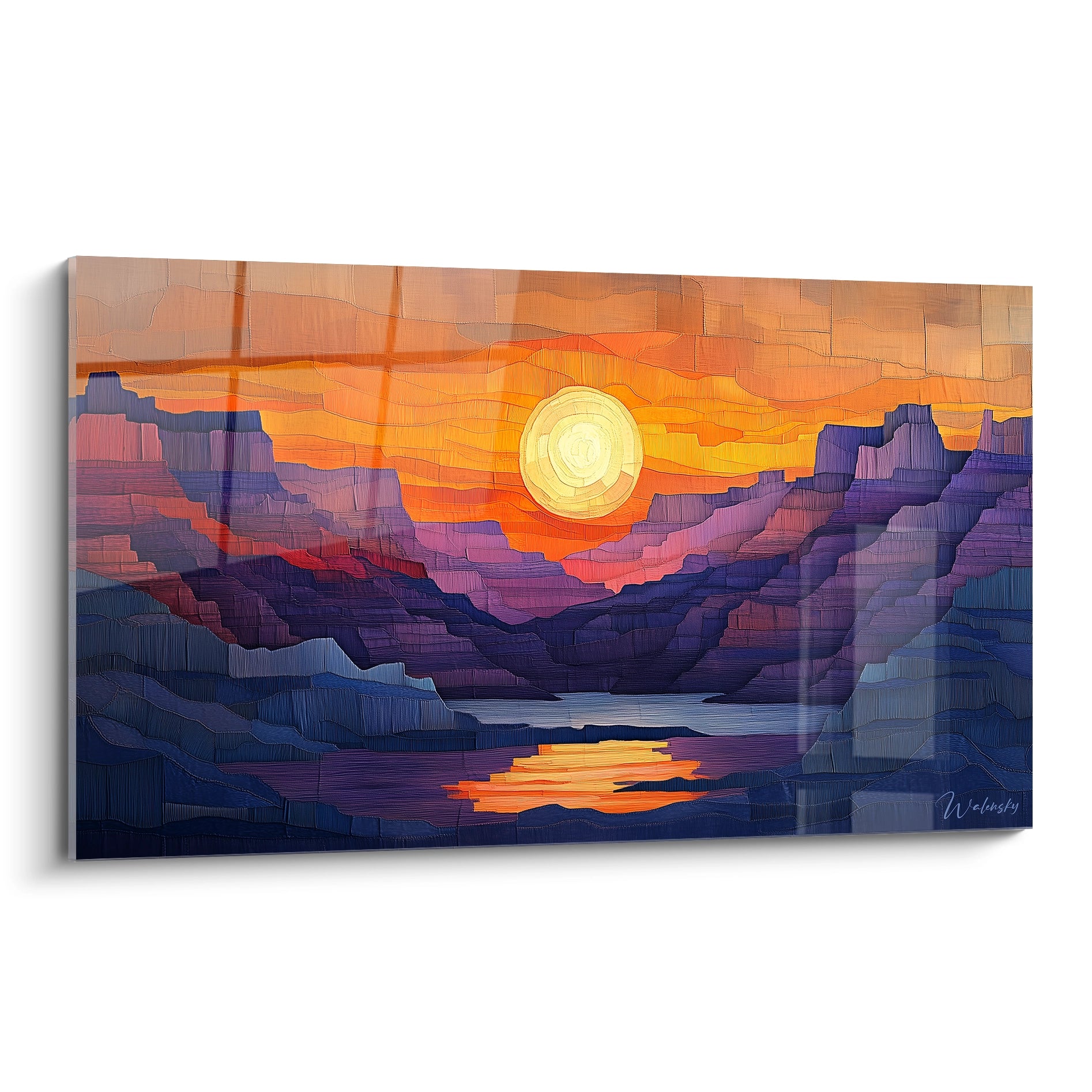 Tableau canyon stylisé représentant un coucher de soleil avec disque solaire jaune lumineux, formations rocheuses en violet et bleu profond, reflets dorés sur plan d'eau, textures stratifiées visibles
