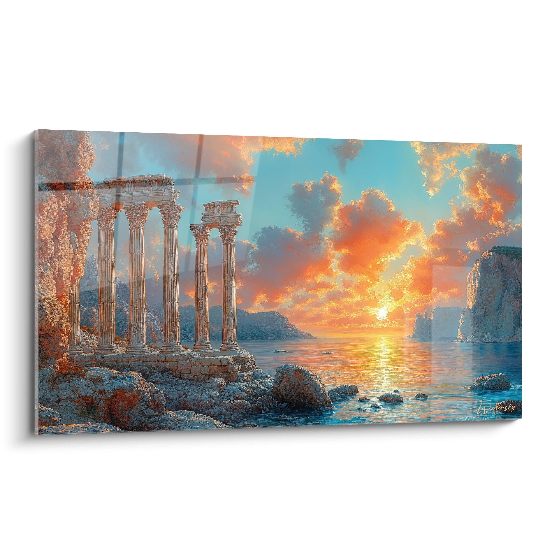 Tableau ruines antiques représentant six colonnes corinthiennes sur falaise rocheuse au coucher de soleil, mer méditerranéenne bleu turquoise, ciel orange doré avec nuages, reflets lumineux sur l'eau calme.
