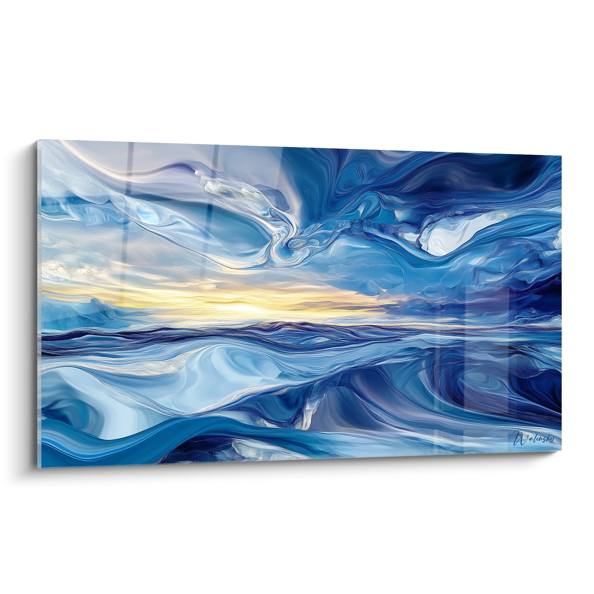 Un tableau océanique présentant des vagues abstraites aux multiples nuances de bleu, avec un horizon doré subtil et des motifs fluides évoquant le mouvement perpétuel de l'eau, sur fond de textures marbrées et ondulations translucides.

