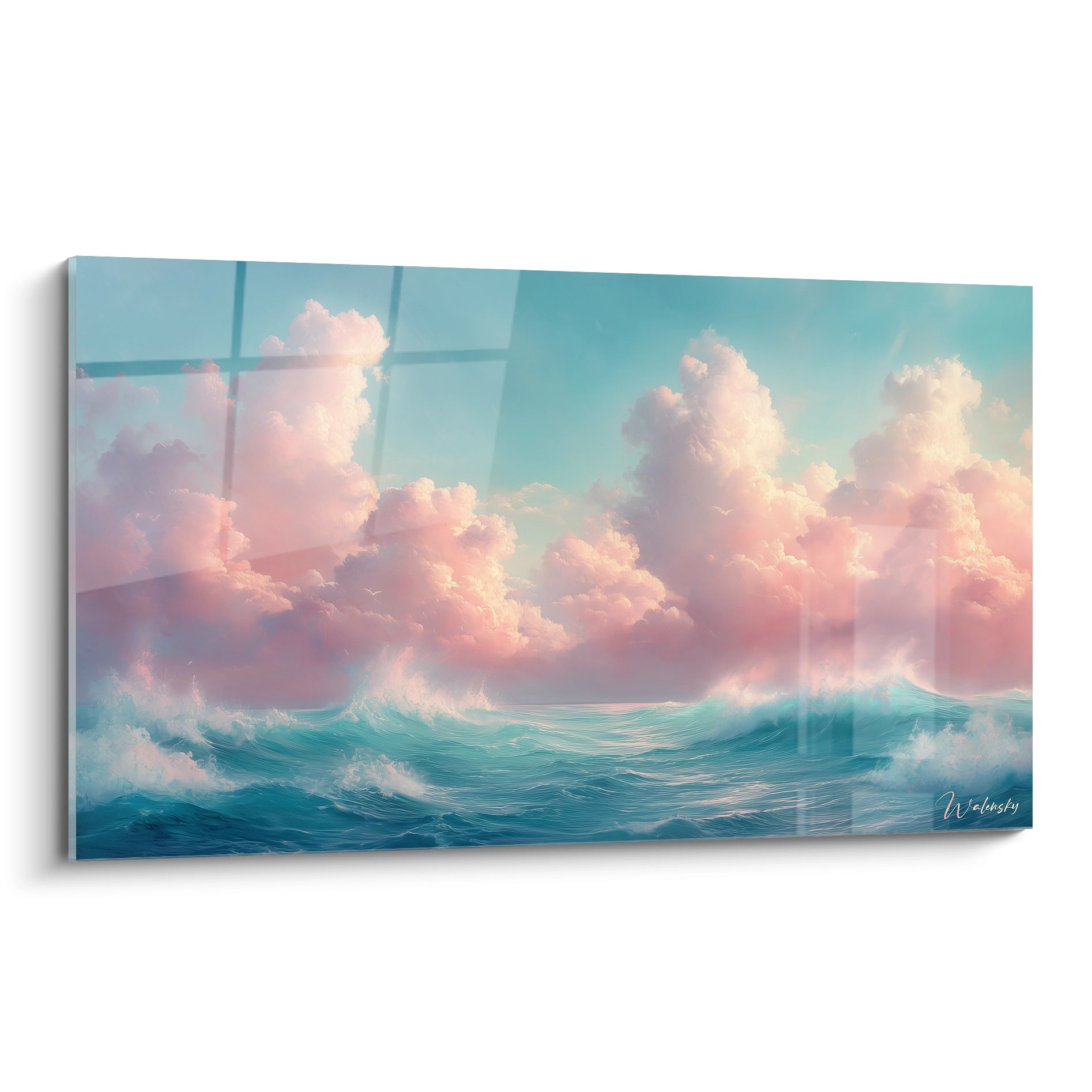 Un tableau mer représentant des vagues turquoise en mouvement sous un ciel aux nuages roses, avec un contraste entre l'agitation des flots et la douceur céleste, créant une atmosphère onirique grâce à des coups de pinceau fluides et texturés.
