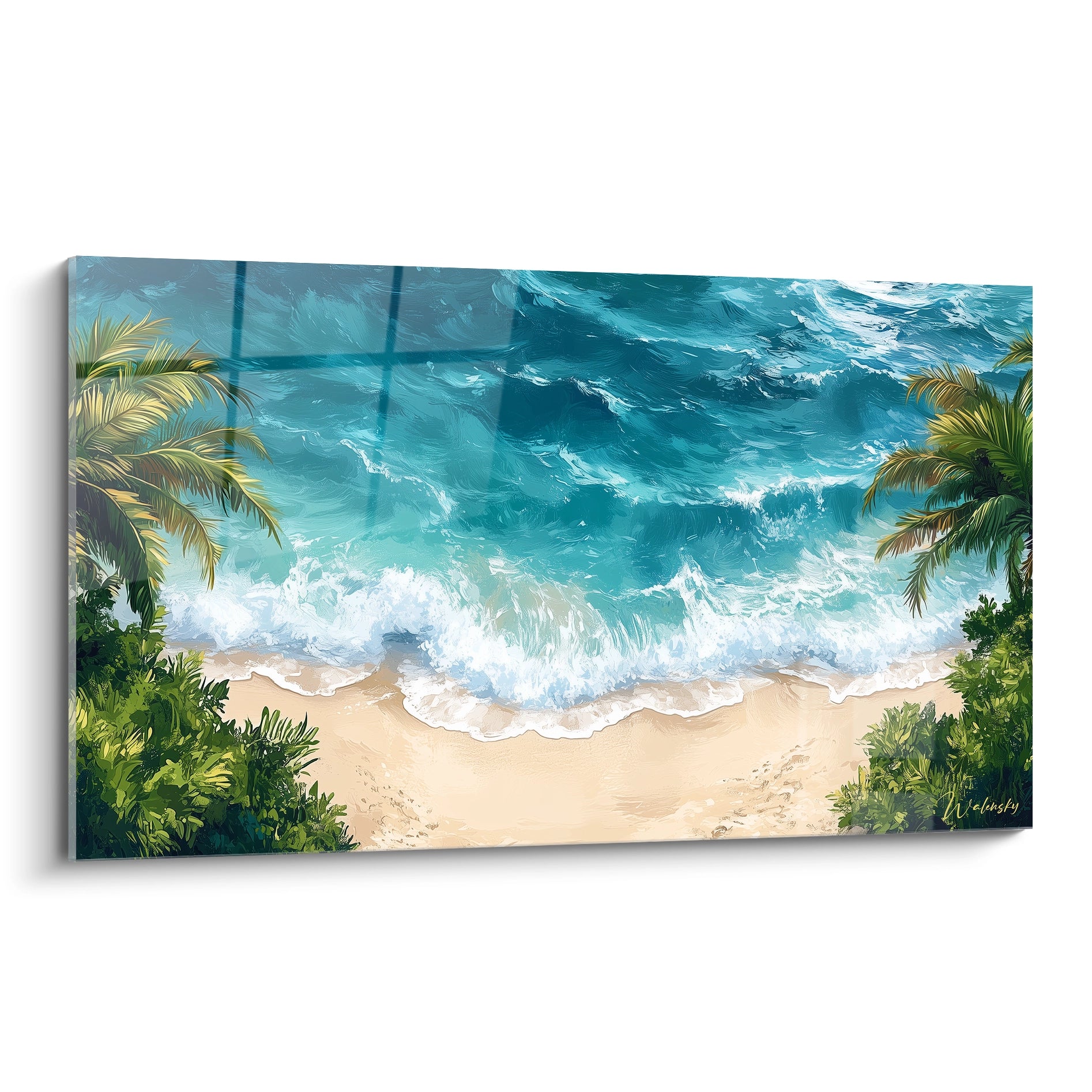 Tableau plage tropicale avec océan turquoise, vagues écumantes blanches, sable beige doré et palmiers verts luxuriants encadrant la scène avec texture fluide et détaillée.
