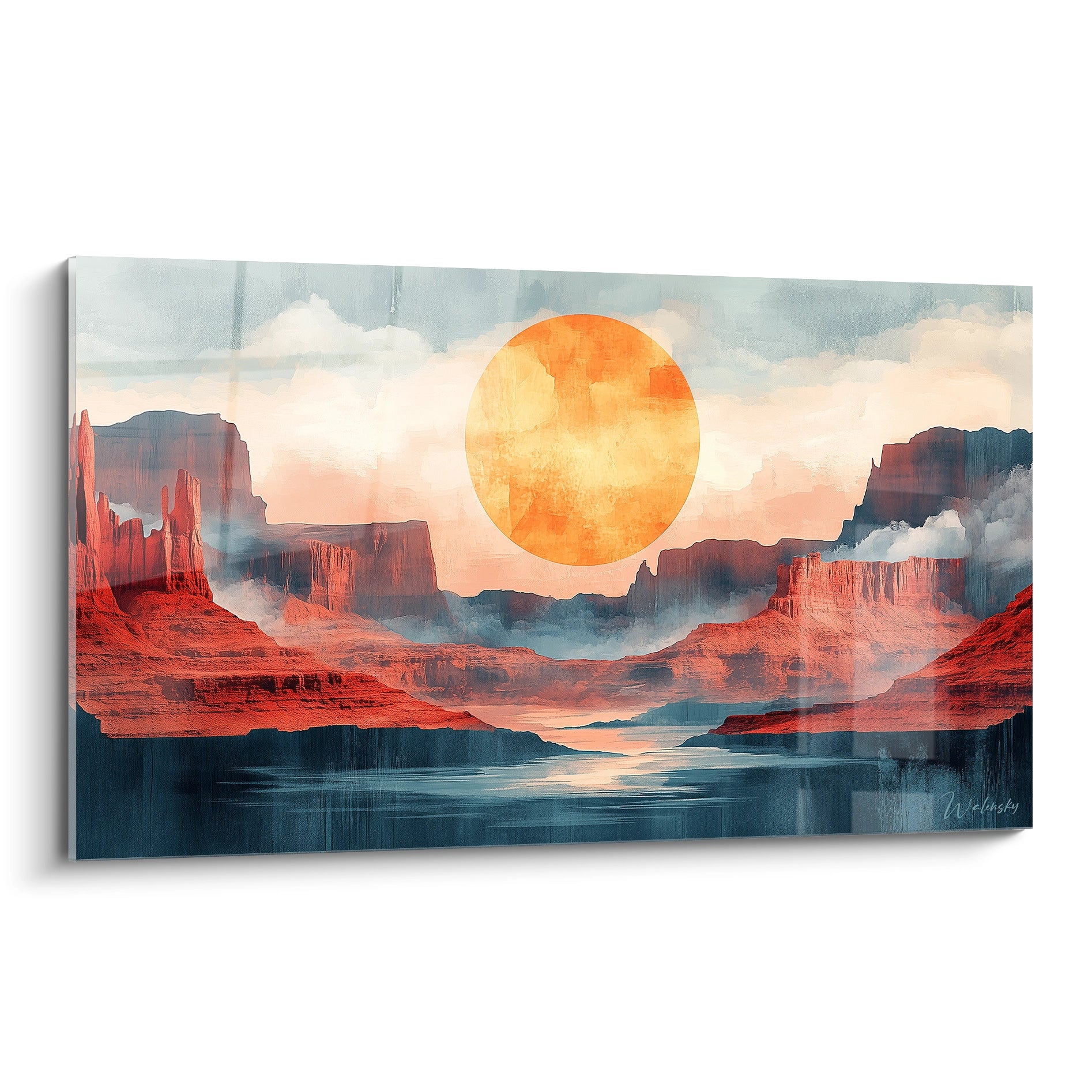 Tableau désert représentant un canyon rouge avec d'imposantes falaises verticales, un soleil orangé dominant le centre de la composition, et une rivière bleue serpentant entre les formations rocheuses dans une atmosphère brumeuse.
