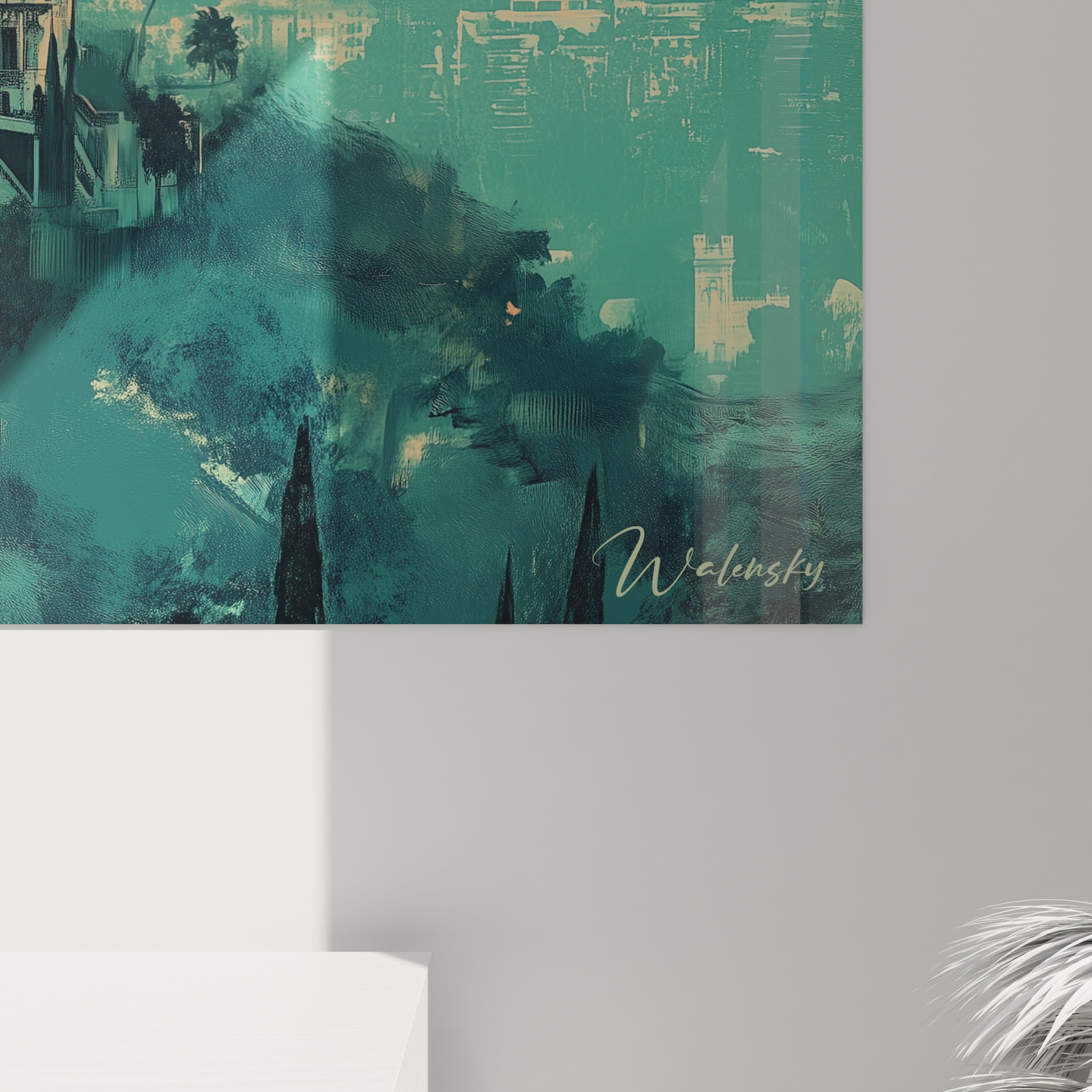 Tableau paysage méditerranéen présentant une élégante demeure blanche à l'architecture classique avec cyprès et palmiers, dans une composition où s'opposent le ciel corail lumineux et les masses végétales d'un vert bleuté intense, créant une atmosphère onirique.
