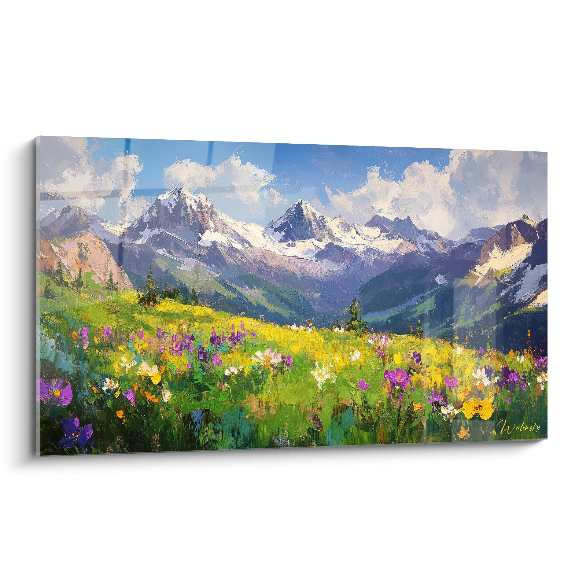 Un tableau montagne représentant un paysage alpin avec des sommets enneigés en arrière-plan, une prairie fleurie multicolore au premier plan, dominé par des teintes bleues, vertes et blanches.
