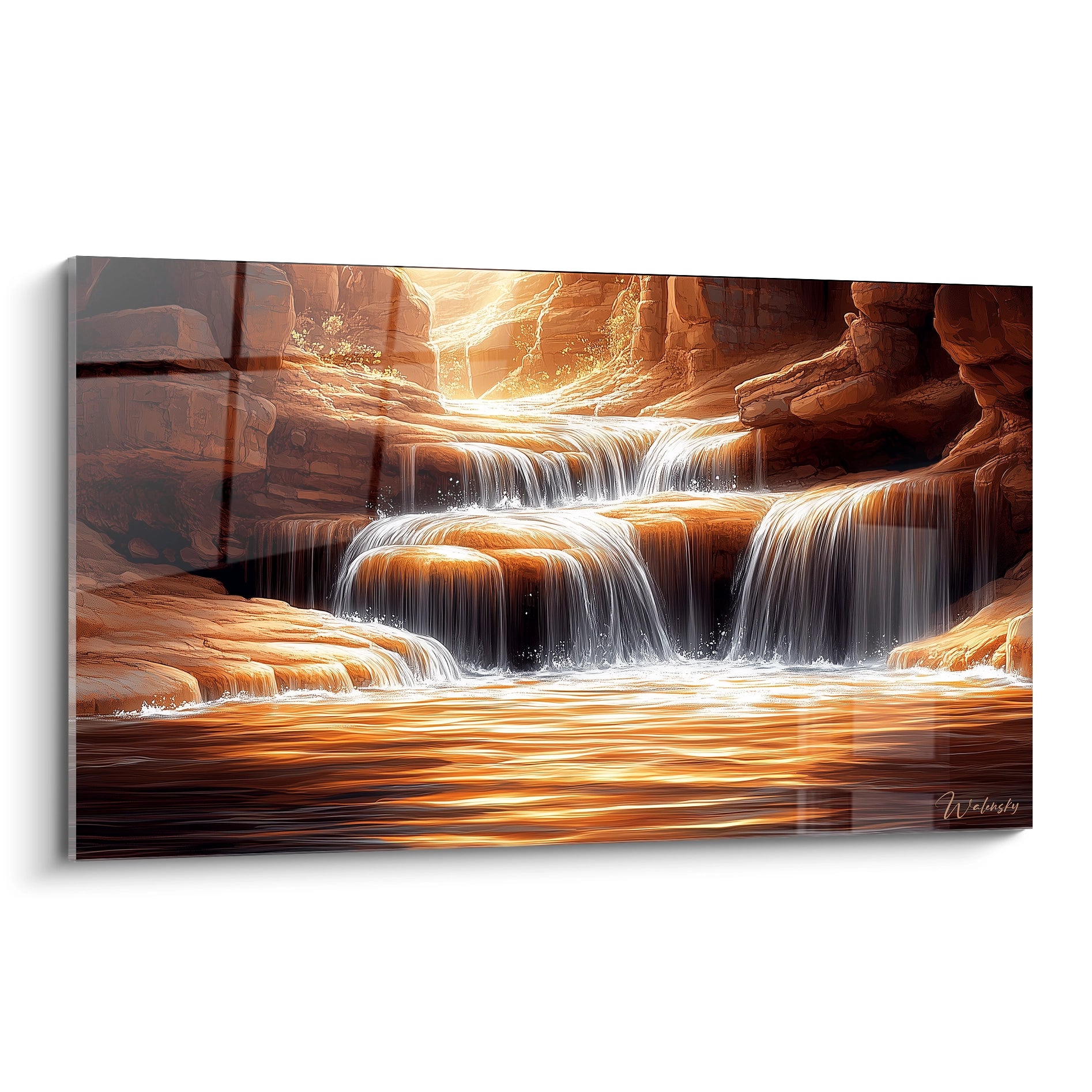Un tableau artistique représentant une cascade s'écoulant sur des roches orangées dans un canyon désertique, avec de l'eau blanche cristalline formant plusieurs paliers successifs, illuminé par une lumière dorée filtrant depuis le haut.
