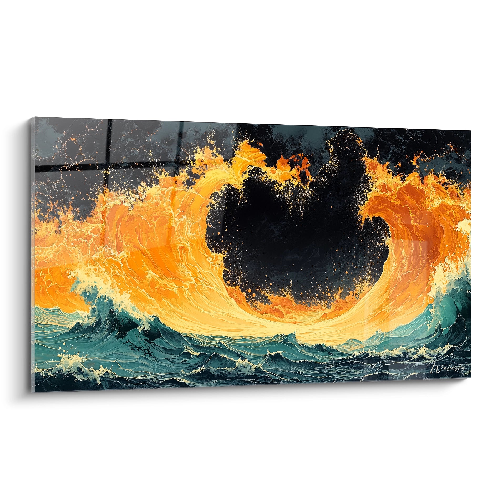 Un tableau artistique représentant une vague circulaire flamboyante sur fond noir, combinant des teintes orange incandescentes et turquoise profondes, avec des textures fluides créant l'illusion d'une explosion solaire au-dessus d'un océan tumultueux.

