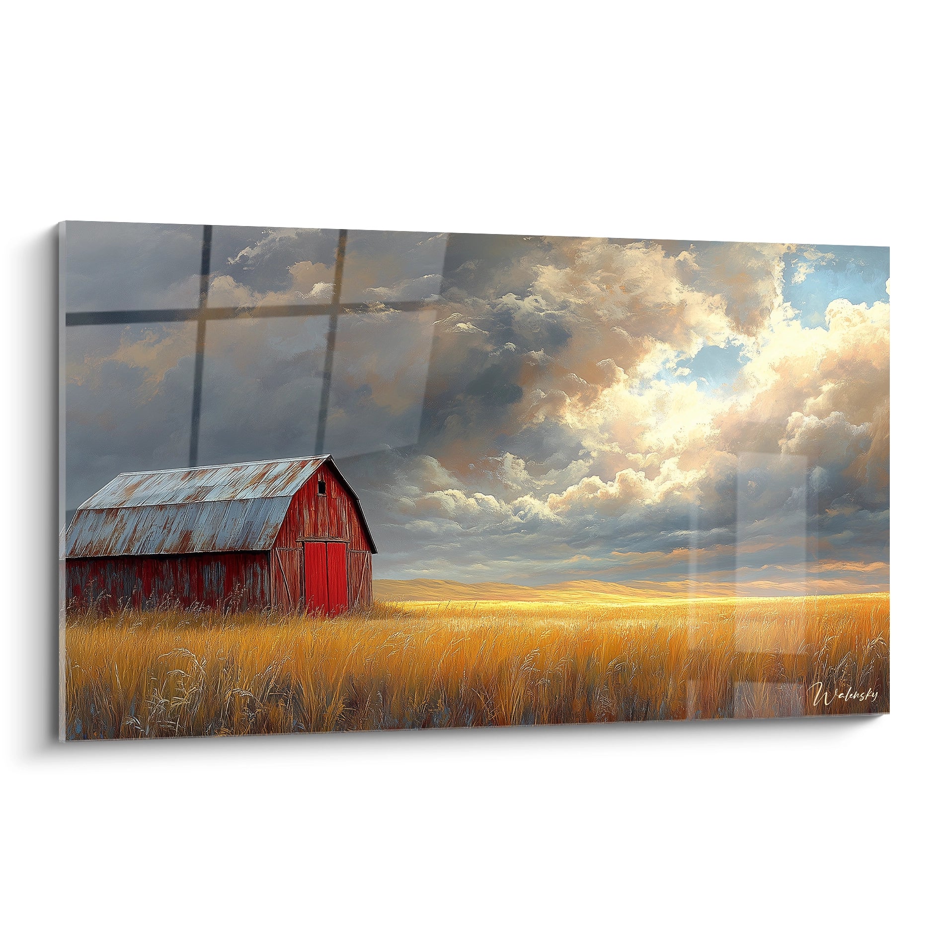 Un tableau campagne représentant une grange rouge traditionnelle au milieu d'un champ de blé doré, sous un ciel dramatique aux nuages volumineux, avec des jeux de lumière créant une atmosphère à la fois paisible et mystérieuse.
