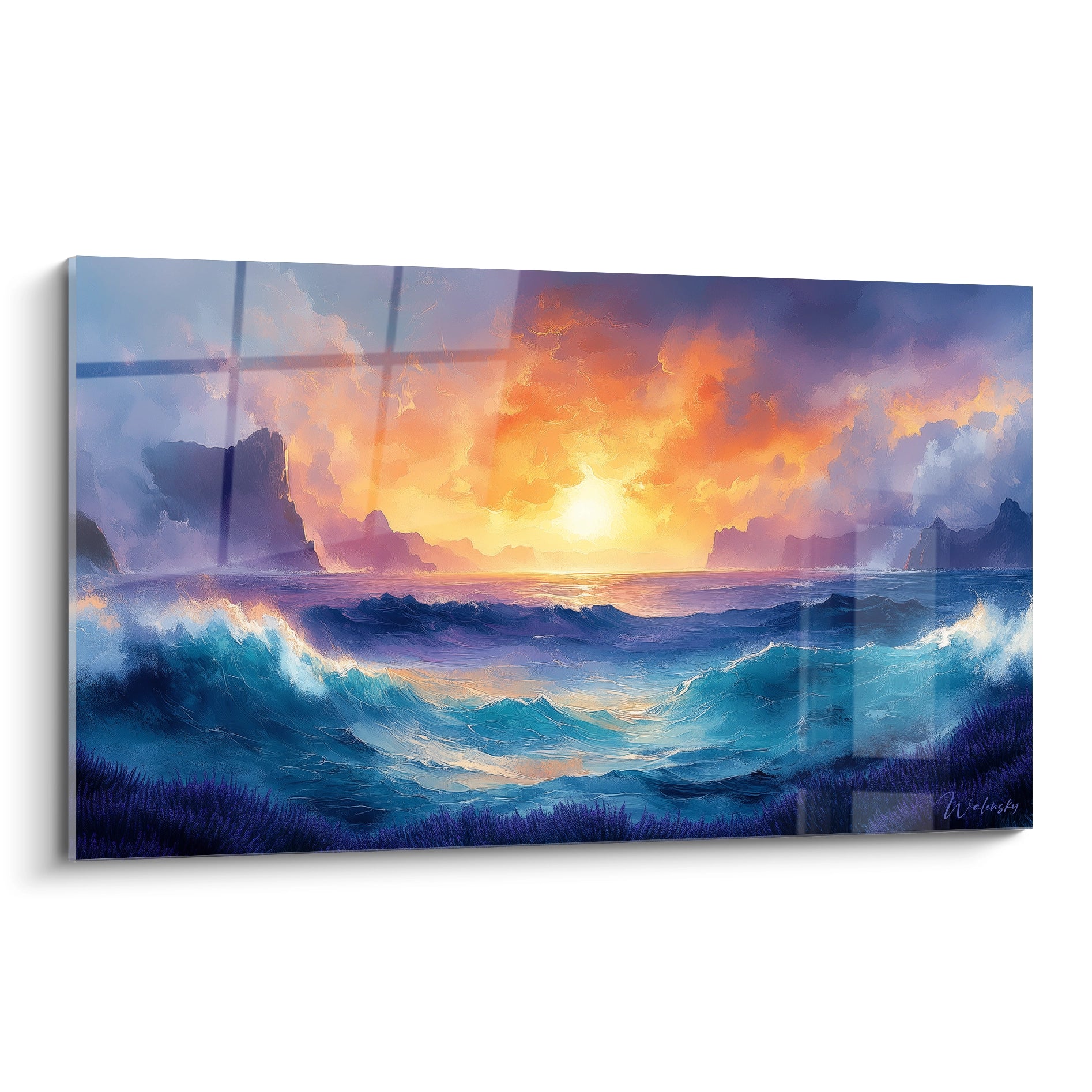 Un tableau représentant un coucher de soleil spectaculaire sur un océan agité, dominé par des teintes orange éclatantes dans le ciel, des nuages violets et roses, avec des vagues turquoise couronnées d'écume blanche et des formations rocheuses sombres encadrant la scène.
