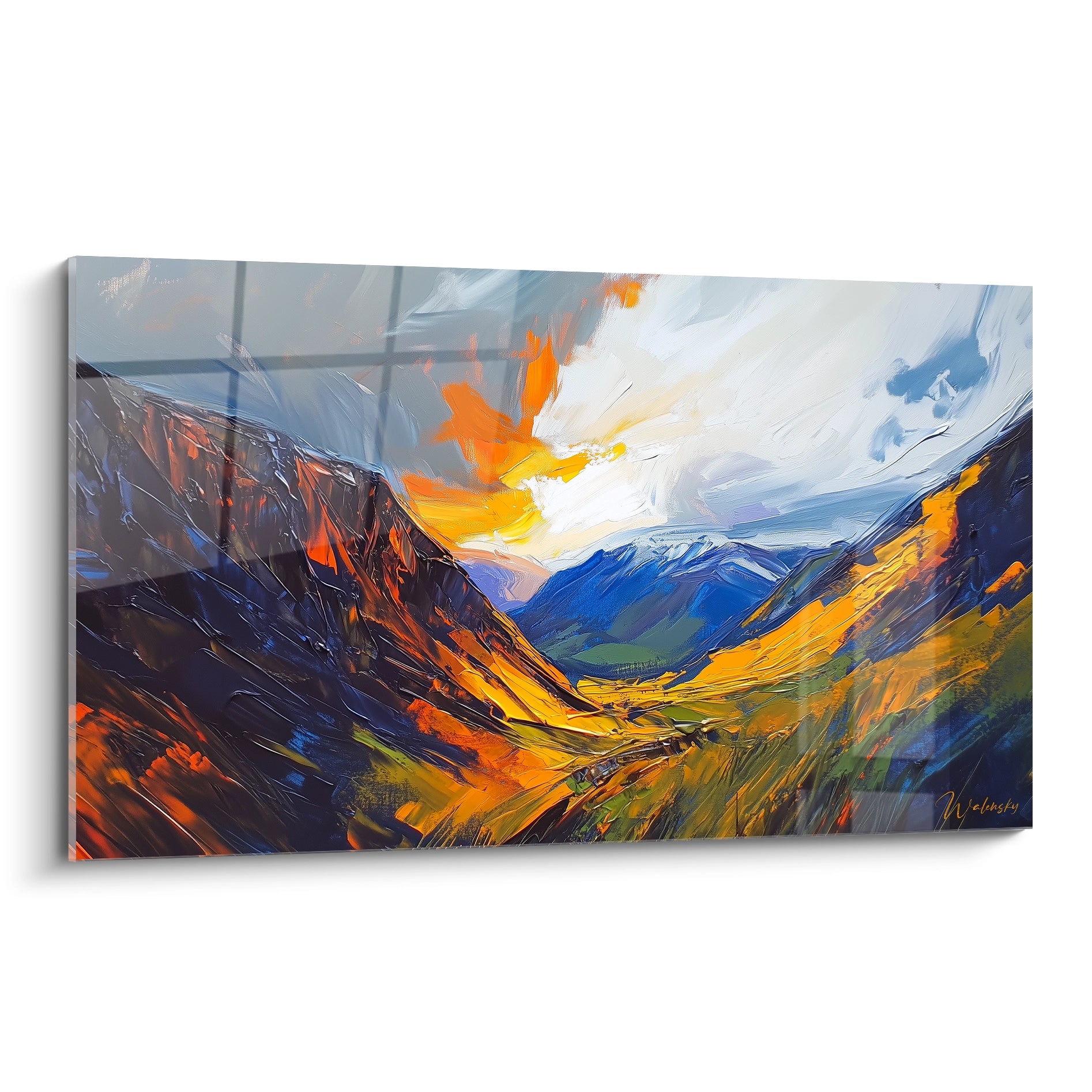 Tableau montagne avec paysage alpin aux tons orangés et bleus, montagnes rocheuses sous un ciel enflammé au coucher du soleil, texture expressive au pinceau large

