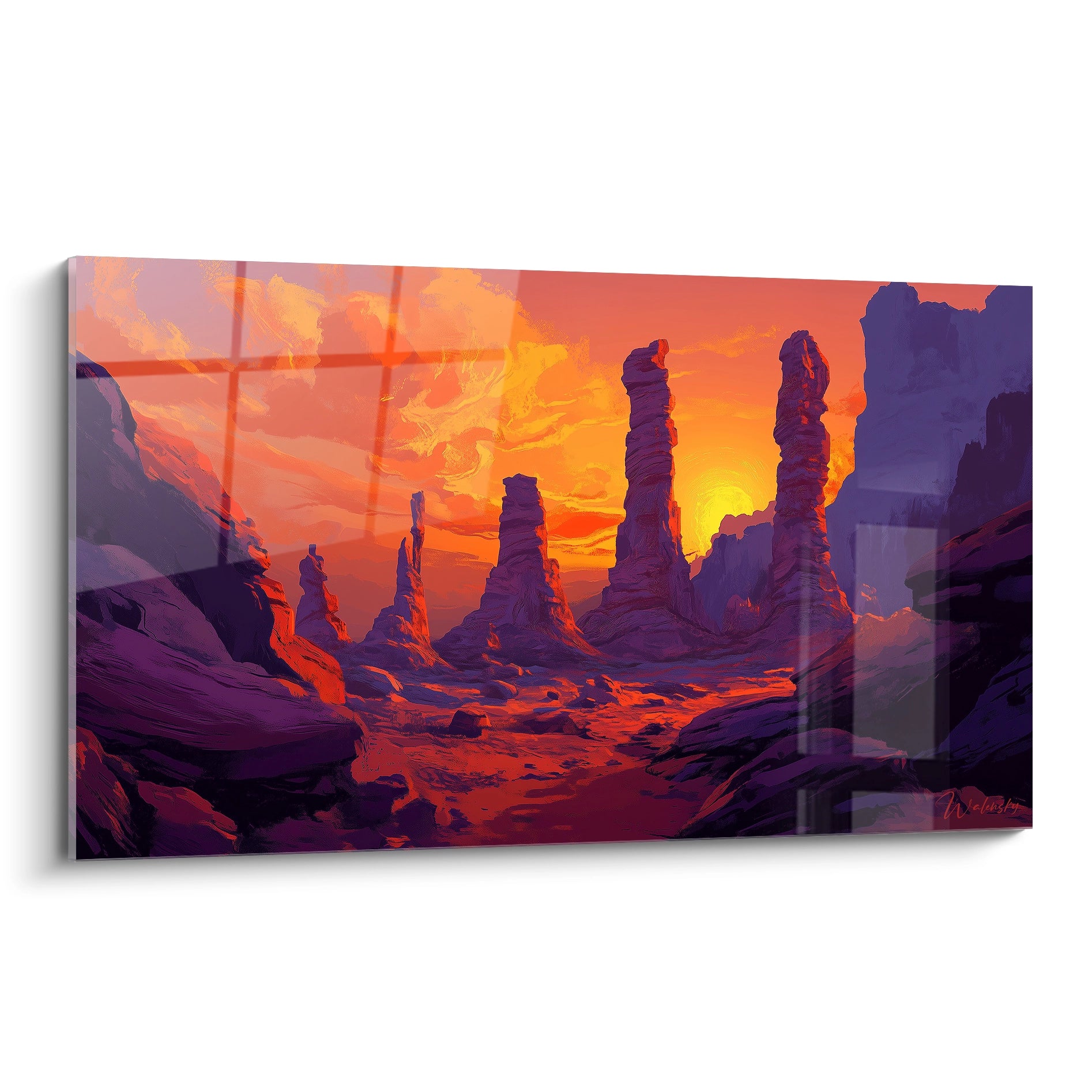 Tableau désert représentant des formations rocheuses violettes érigées verticalement sous un ciel orange et jaune flamboyant au crépuscule avec des textures stratifiées visibles
