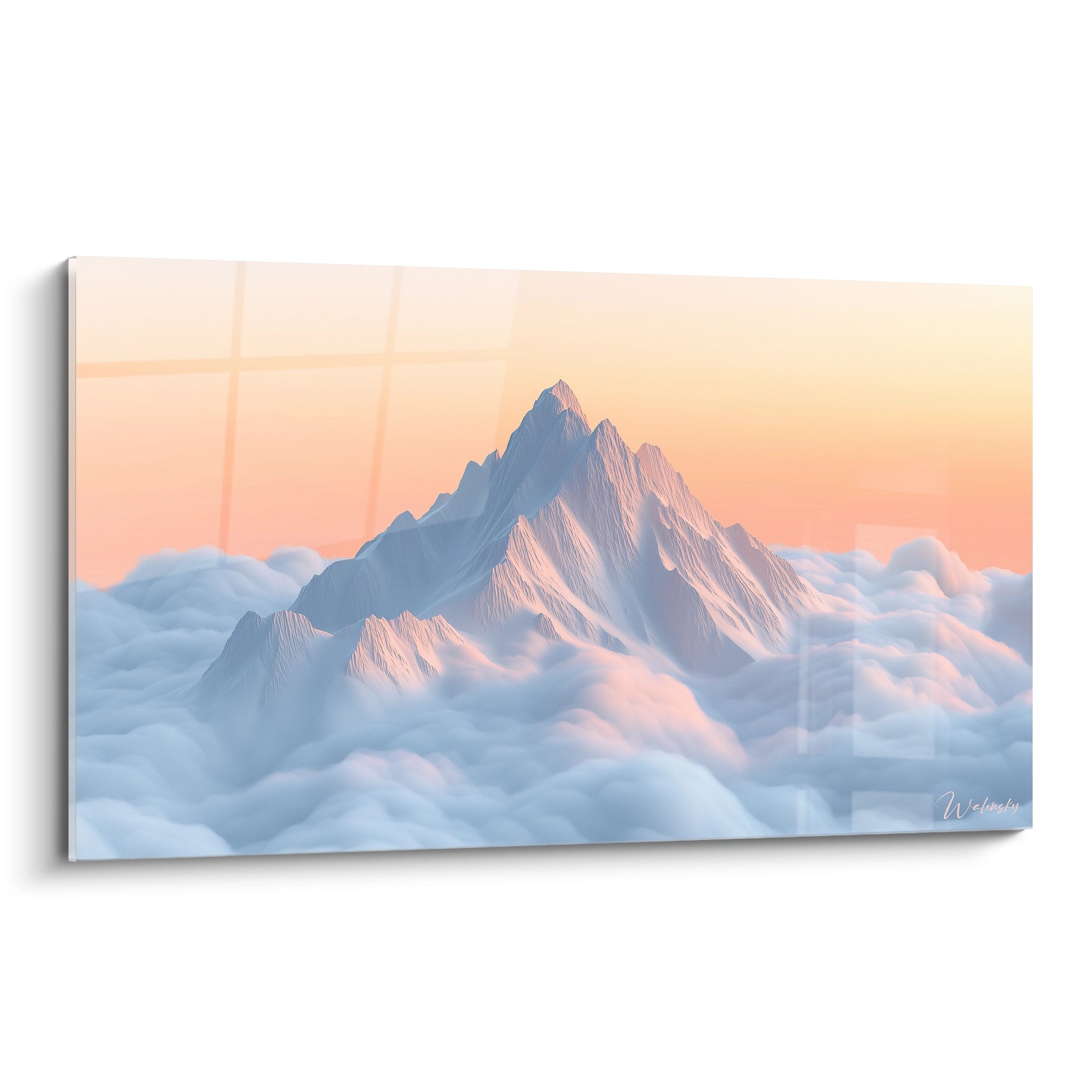 Un tableau montagne représentant un sommet triangulaire bleu-gris émergeant d'une mer de nuages blancs et roses sur fond de ciel dégradé orange et rose pâle, avec des textures douces et vaporeuses.

