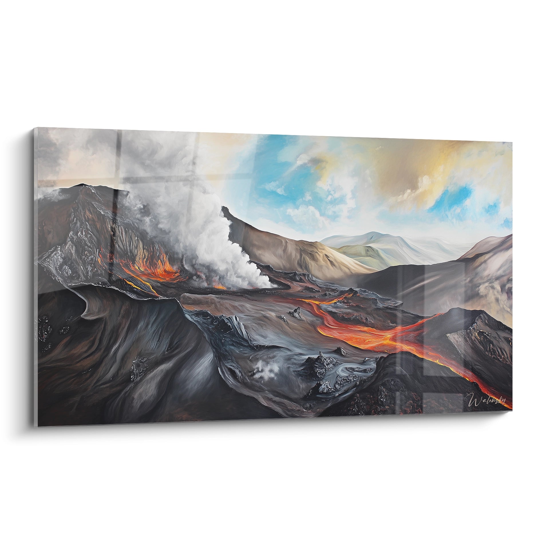 Un tableau volcanique représentant une éruption avec coulée de lave orange vif traversant des montagnes grises et noires sous un ciel bleu clair et doré, avec textures réalistes et contrastes saisissants.

