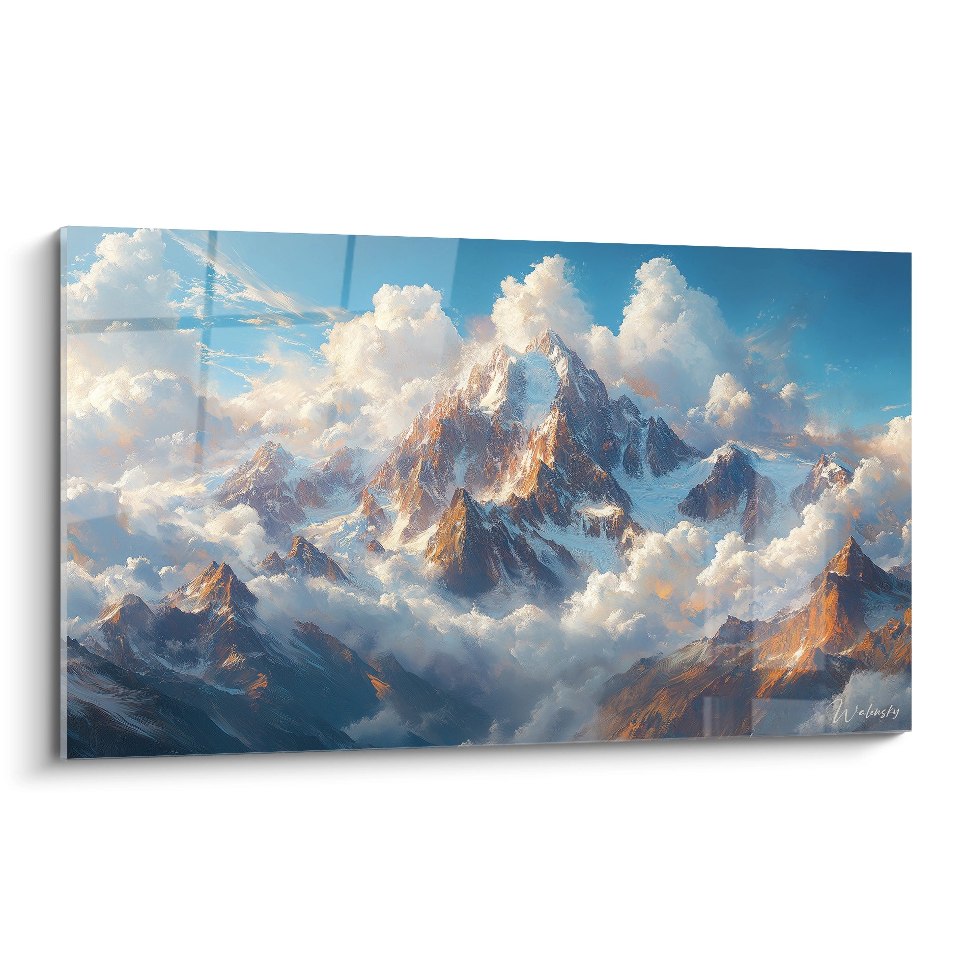 Un tableau montagne représentant des sommets enneigés émergeant d'une mer de nuages blancs, avec des tons bleu ciel dominant le fond, des reflets dorés sur les flancs rocheux, et une texture picturale créant un effet de lumière atmosphérique.
