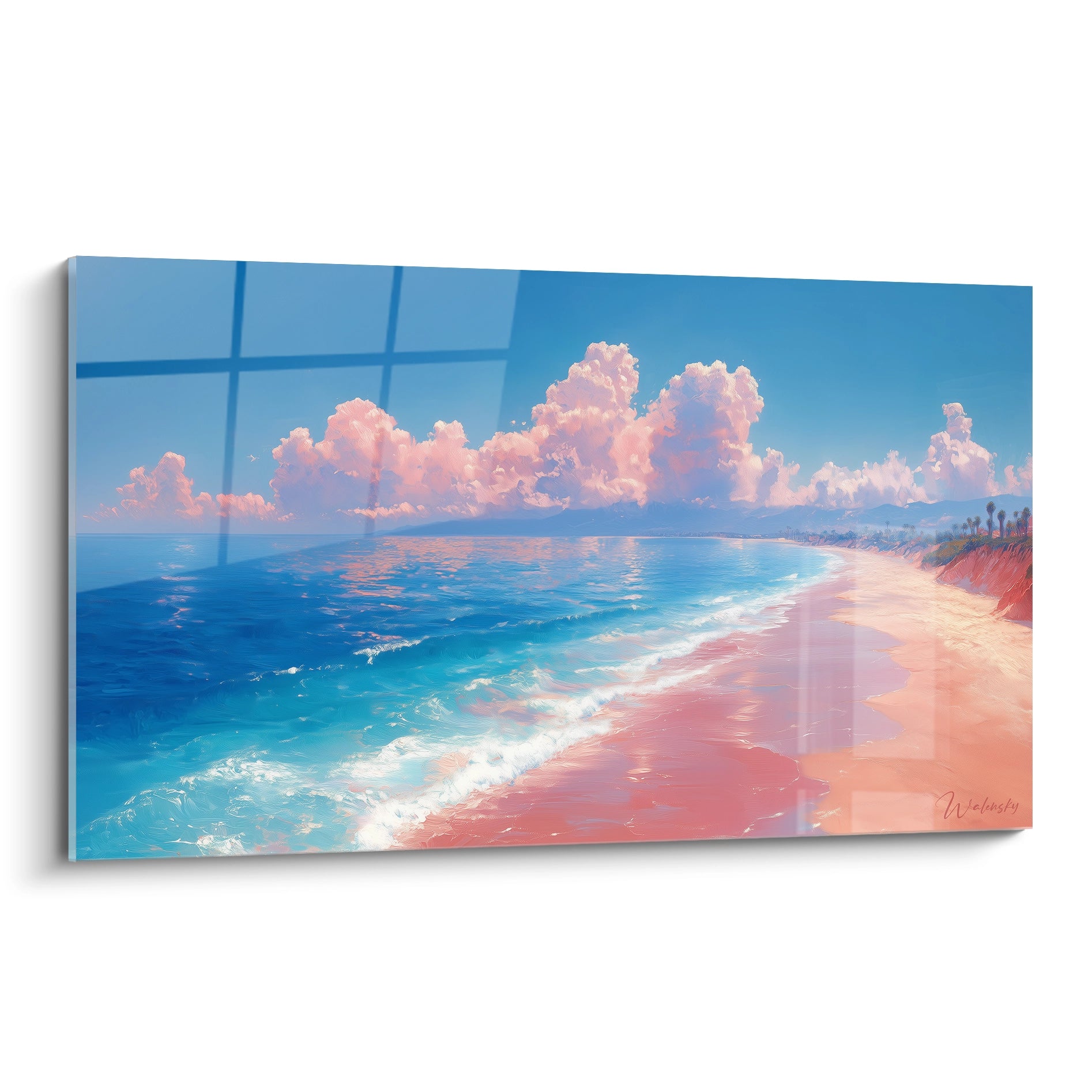 Un tableau plage représentant une étendue de sable rose pâle avec des vagues turquoise et un ciel bleu orné de nuages roses cotonneux aux formes volumineuses et textures vaporeuses.
