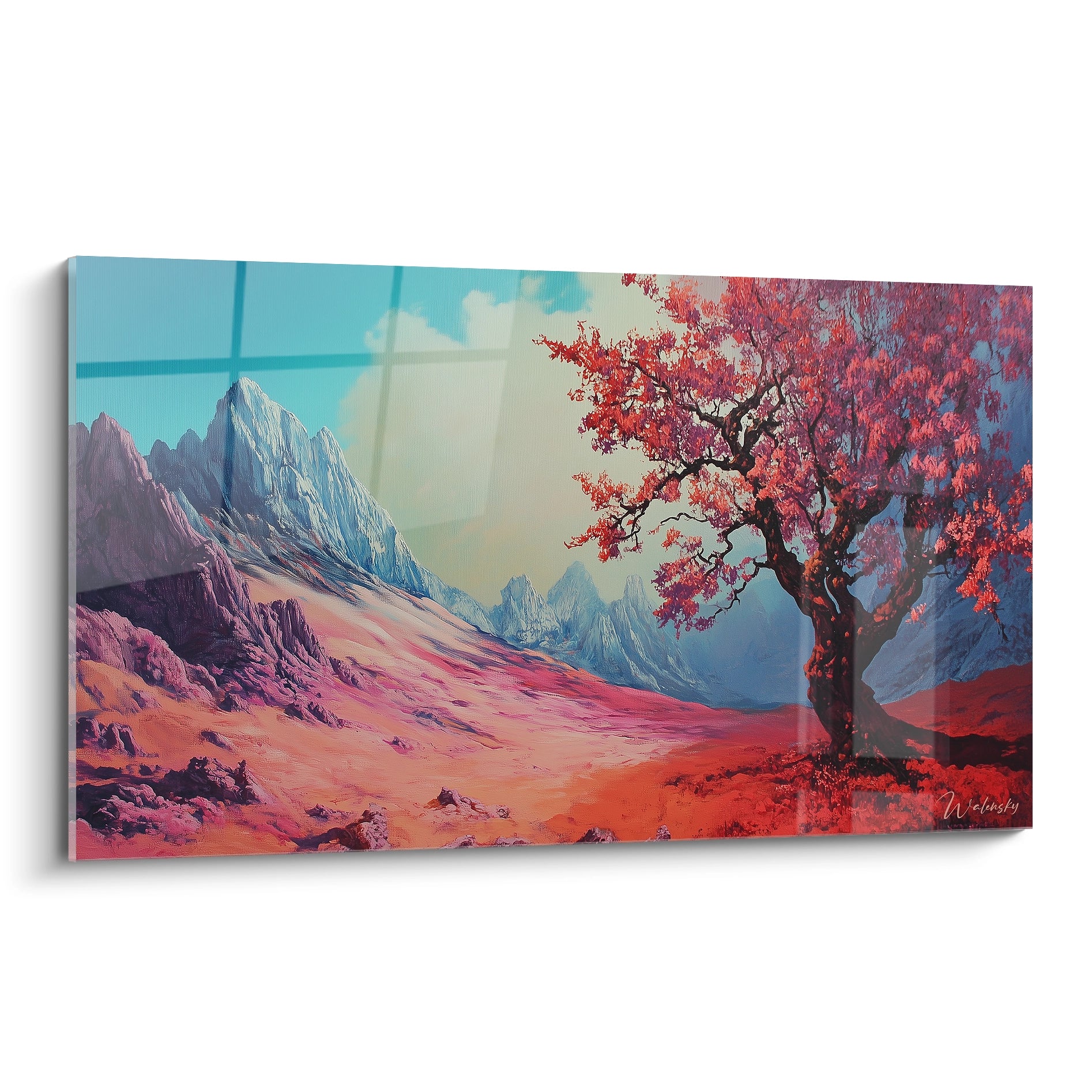 Un tableau montagne abstrait présentant un arbre aux feuilles rouge vif sur la droite, des montagnes bleues et roses en arrière-plan, et un sol aux teintes orange et magenta sous un ciel turquoise.
