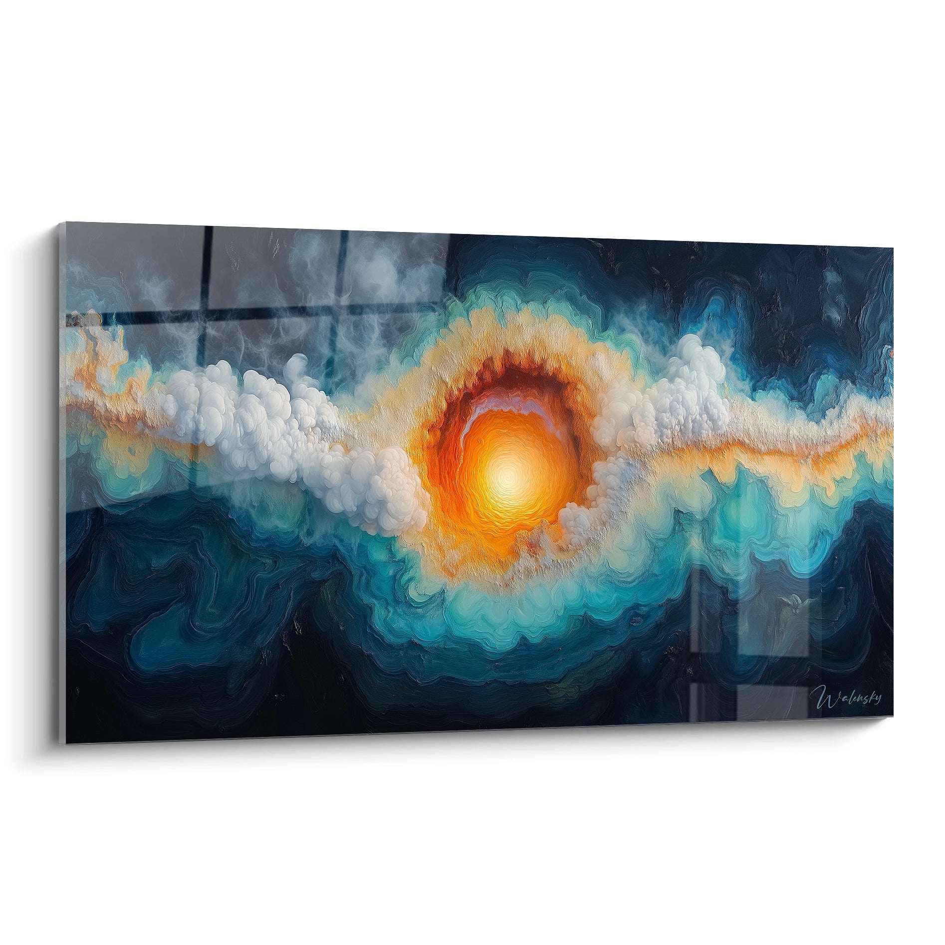 Un tableau céleste représentant une explosion solaire au centre, entourée de nuages blancs et d'eaux bleues profondes, avec des textures fluides et un dégradé orangé rayonnant dans un format panoramique horizontal.
