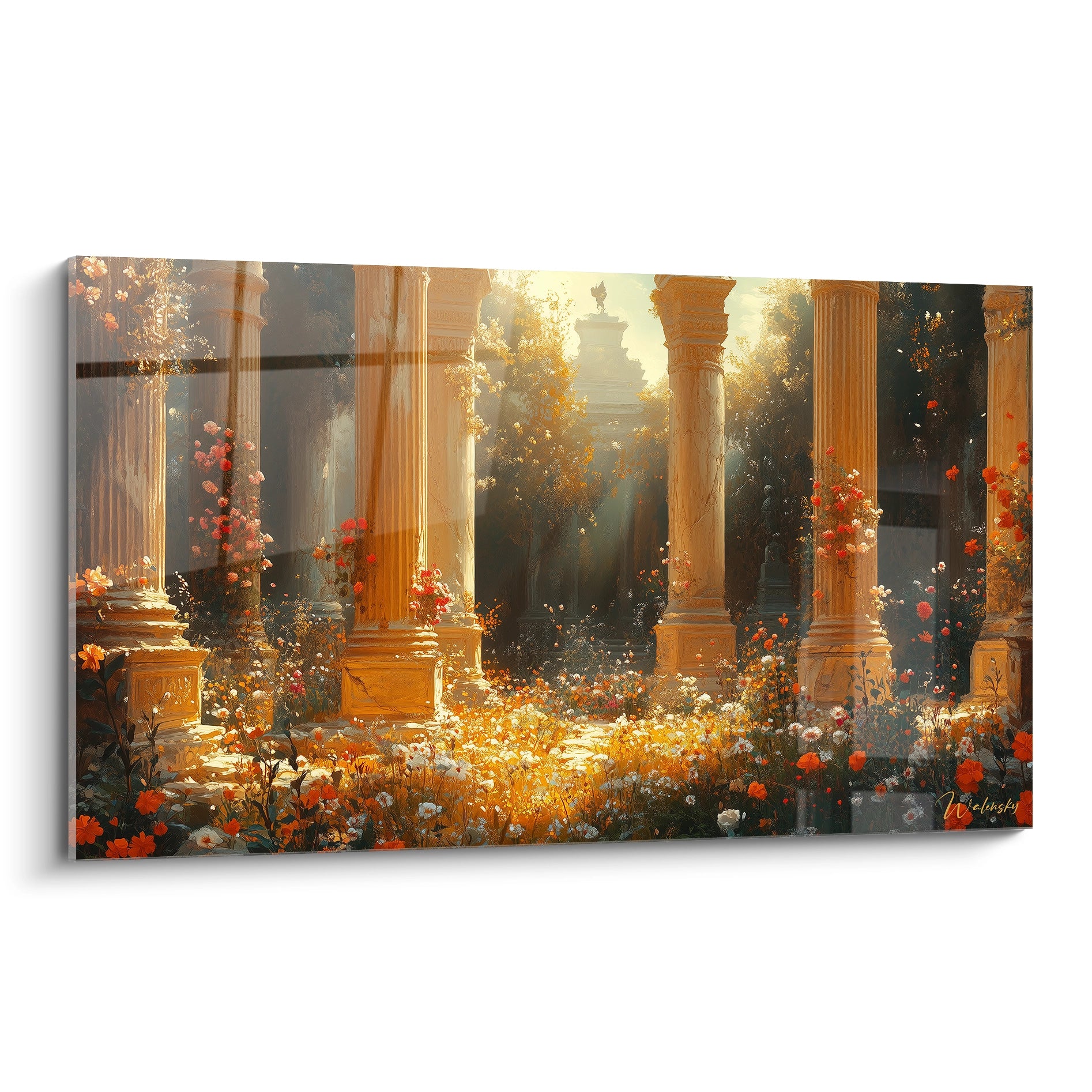 Tableau ruines antiques représentant un portique de colonnes classiques illuminé par une lumière dorée, avec des fleurs oranges et blanches abondantes au premier plan et un temple lointain baigné dans une atmosphère brumeuse.
