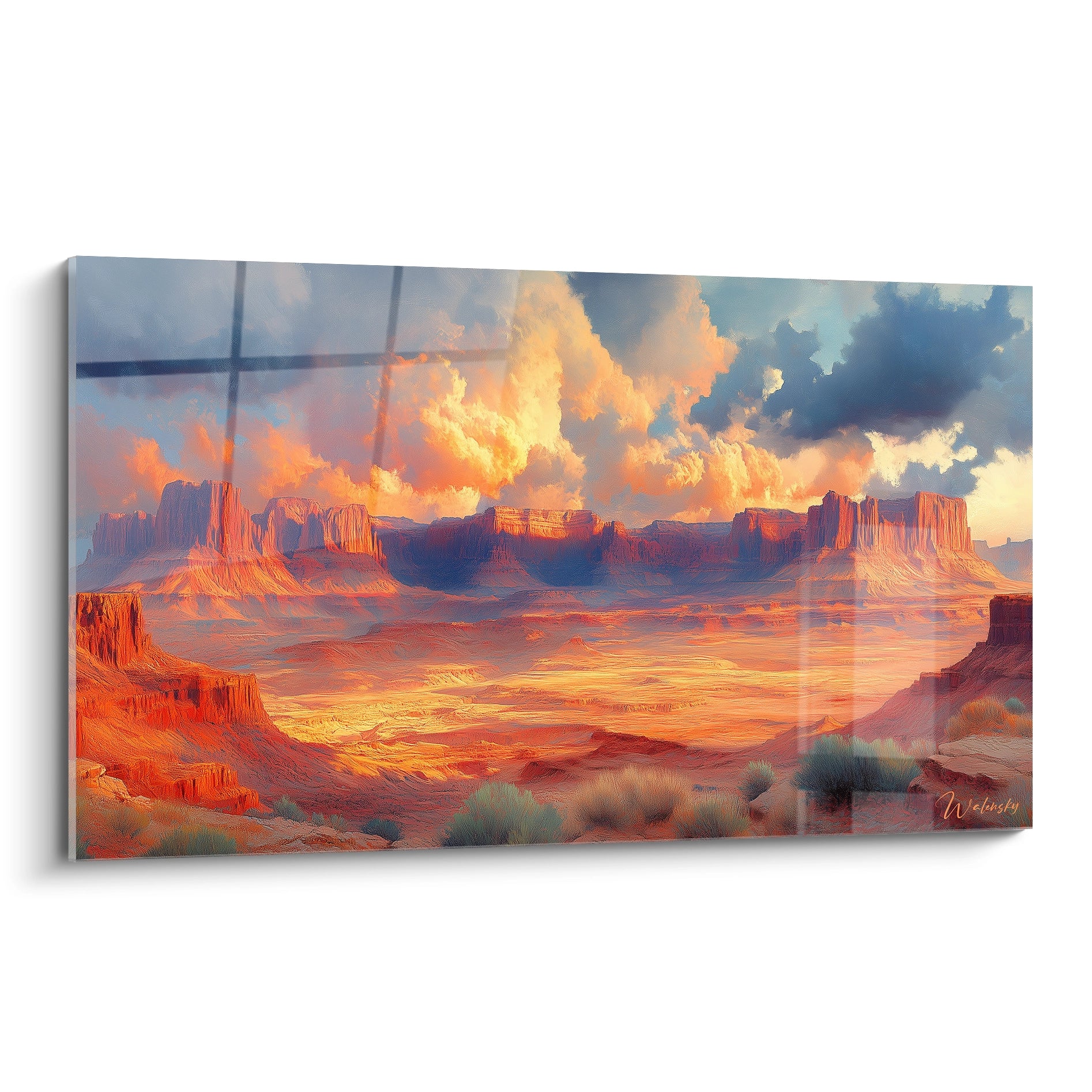 Tableau désert représentant Monument Valley avec formations rocheuses rouges et orange sous un ciel dramatique aux nuages flamboyants et teintes bleues sombres.
