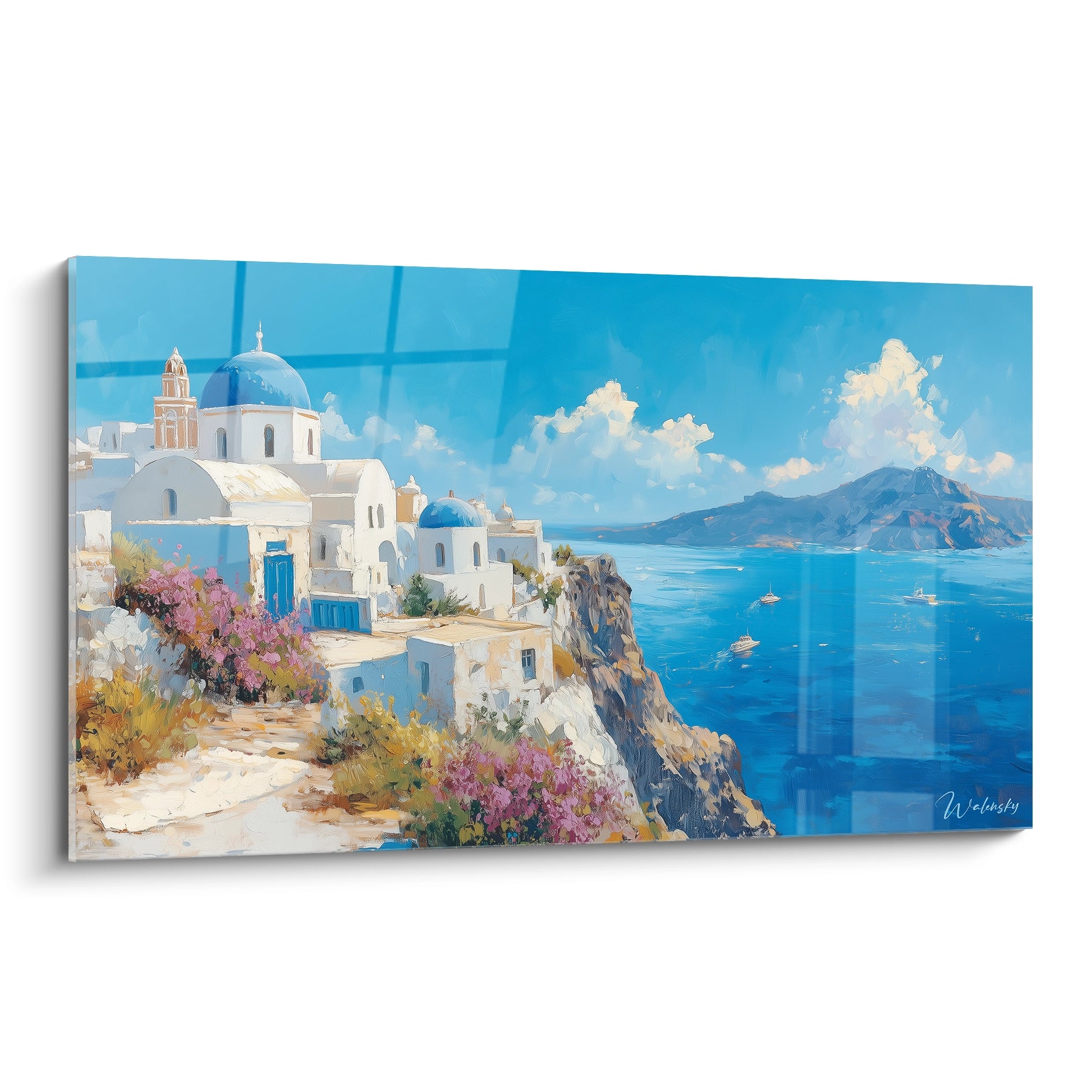 Tableau Santorini représentant des maisons blanches traditionnelles à dômes bleus perchées sur une falaise, surplombant une mer azur profond, avec des bougainvilliers roses et un ciel lumineux aux nuages délicats.
