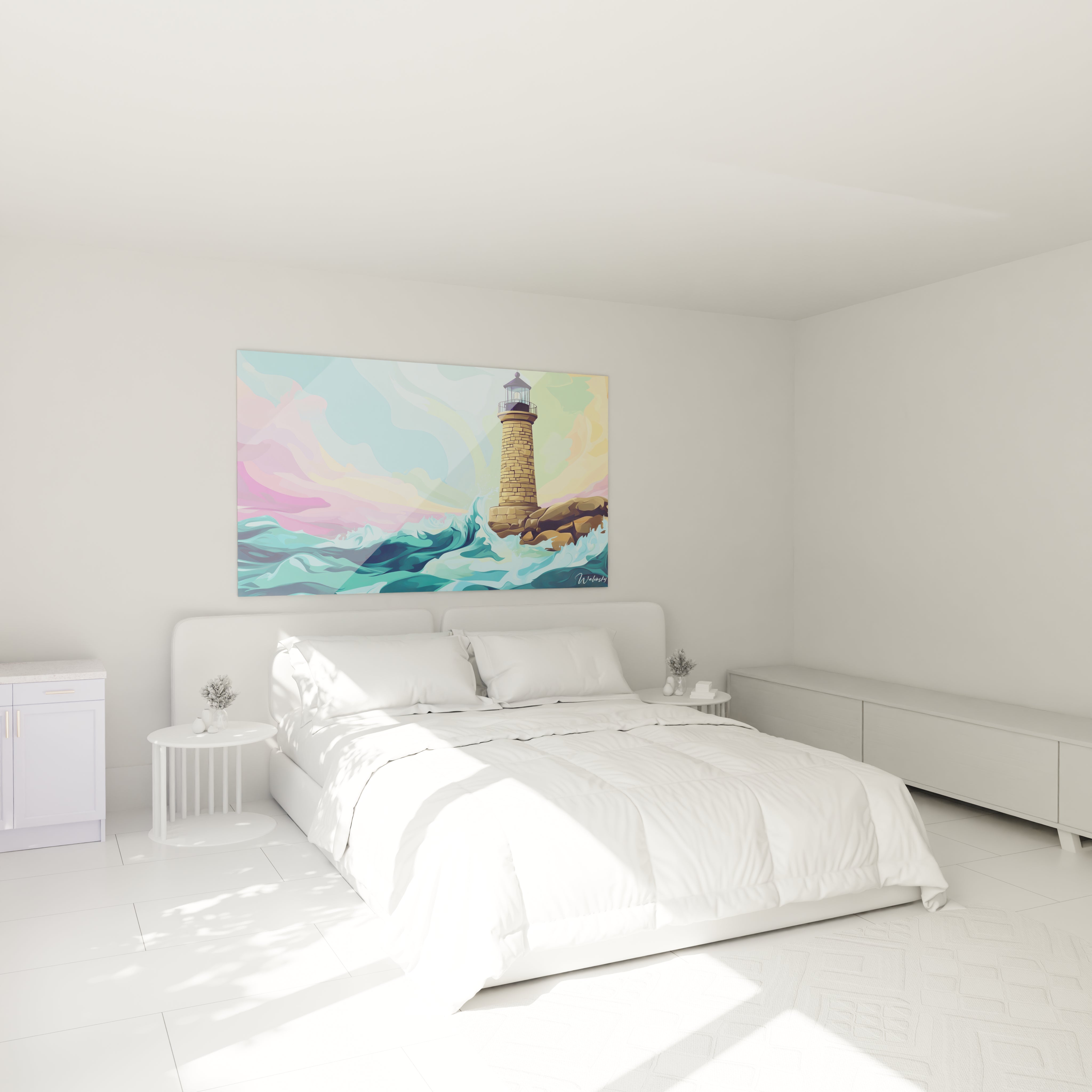 Un tableau phare côtier artistique montrant une structure verticale en pierre sur une formation rocheuse, avec des vagues stylisées en bleu-turquoise qui s'écrasent à sa base, sous un ciel aux dégradés doux de rose et bleu, dans un style contemporain aux formes fluides et colorées.

