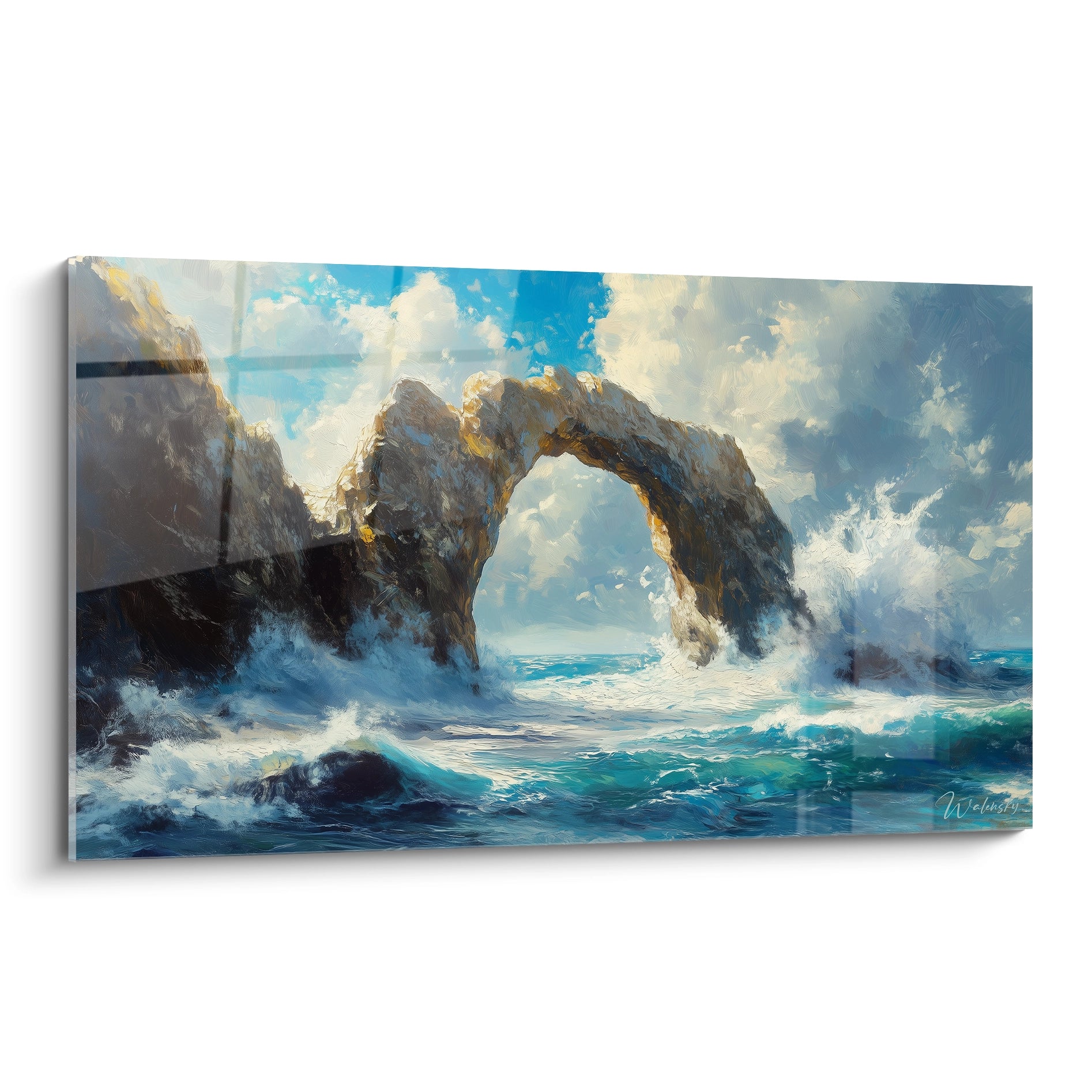 Un tableau mer représentant une imposante arche rocheuse naturelle battue par des vagues turquoise écumantes, sous un ciel bleu parsemé de nuages blancs, avec des textures visibles de coups de pinceau créant du relief sur l'écume et des reflets dorés sur la pierre.
