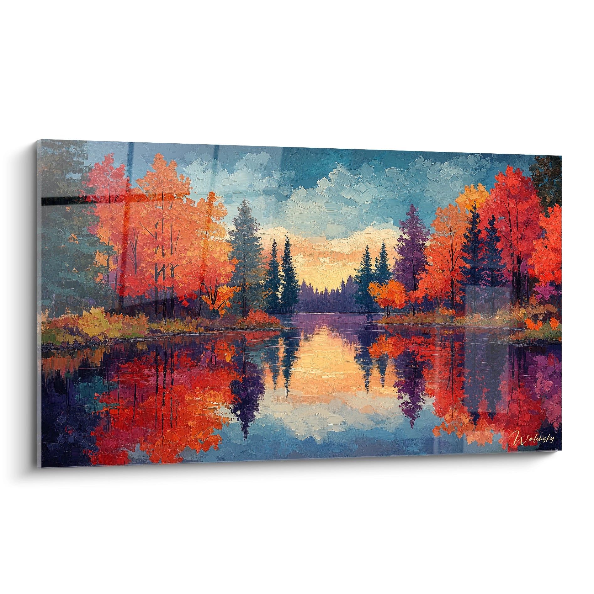 Un tableau artistique représentant une forêt automnale se reflétant dans un lac calme, avec des arbres aux feuillages rouge-orangé vibrants, des conifères vert foncé, et un ciel bleu crépusculaire créant une composition symétrique aux textures empâtées.
