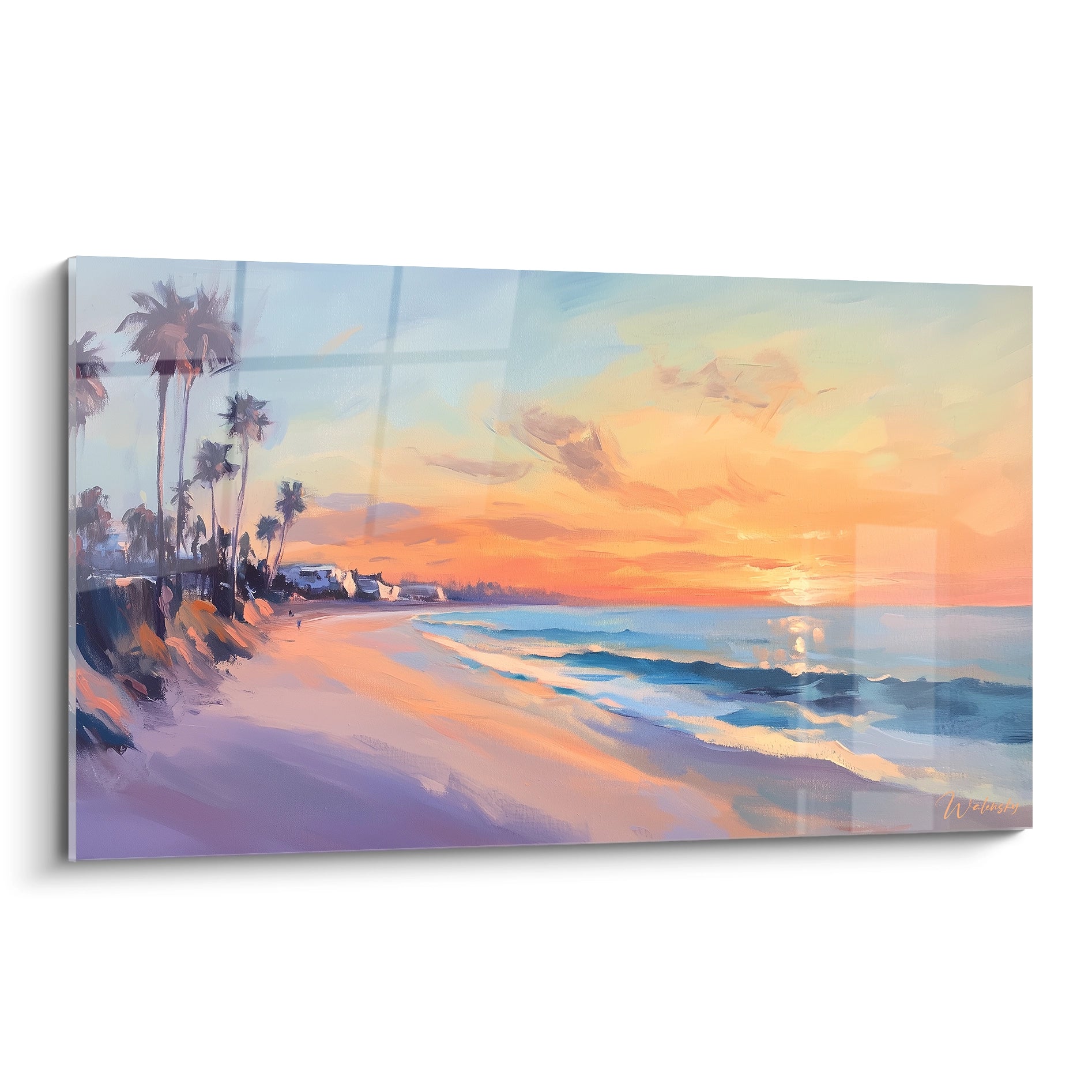 Un tableau plage représentant un coucher de soleil sur l'océan avec des palmiers en silhouette, dominé par des teintes orangées, bleues et violettes qui se fondent dans un ciel crépusculaire.
