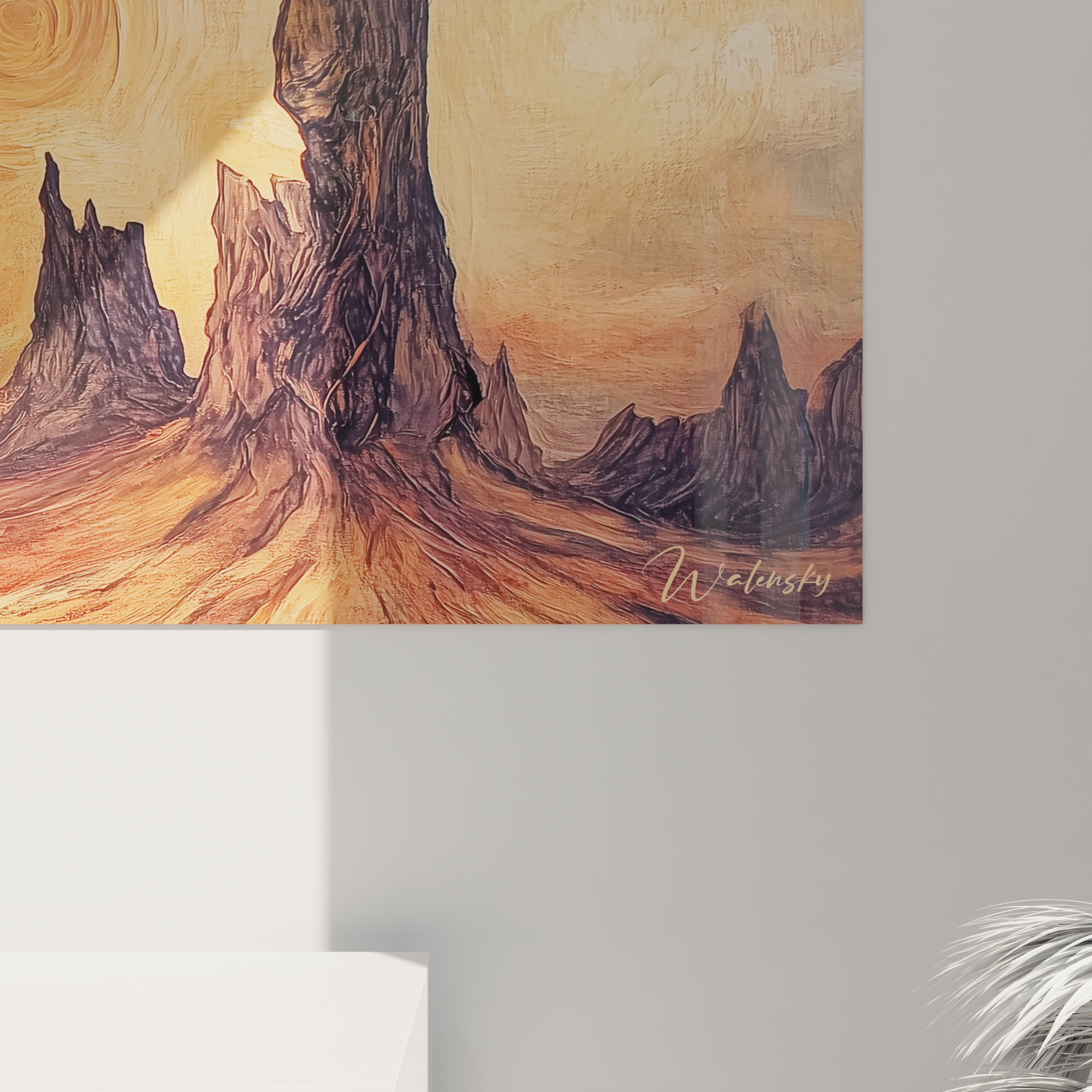 Tableau paysage aux allures surréalistes présentant un désert de formations rocheuses verticales baignées dans une lumière orangée, avec un traitement expressif du ciel en tourbillons lumineux et des textures contrastées entre la fluidité céleste et la rugosité minérale.
