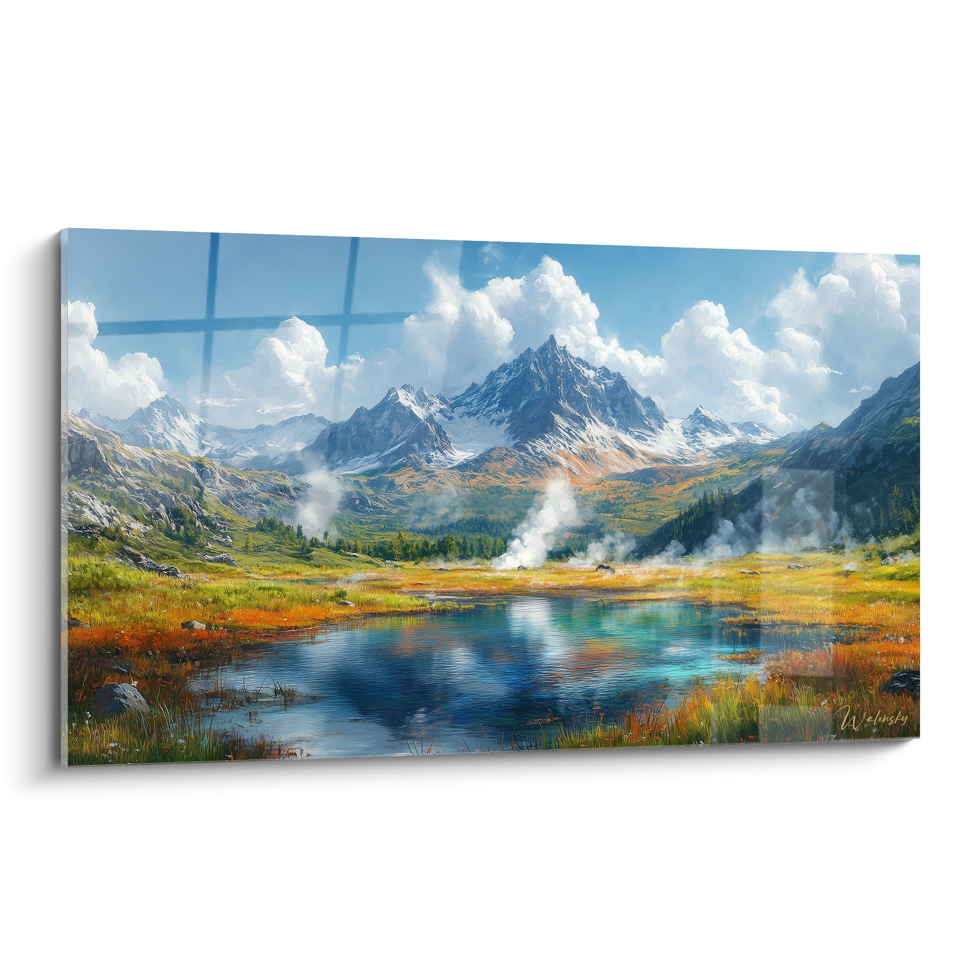 Un tableau montagne représentant un paysage alpin avec sommets enneigés, lac turquoise reflétant les cimes et sources thermales fumantes au premier plan
