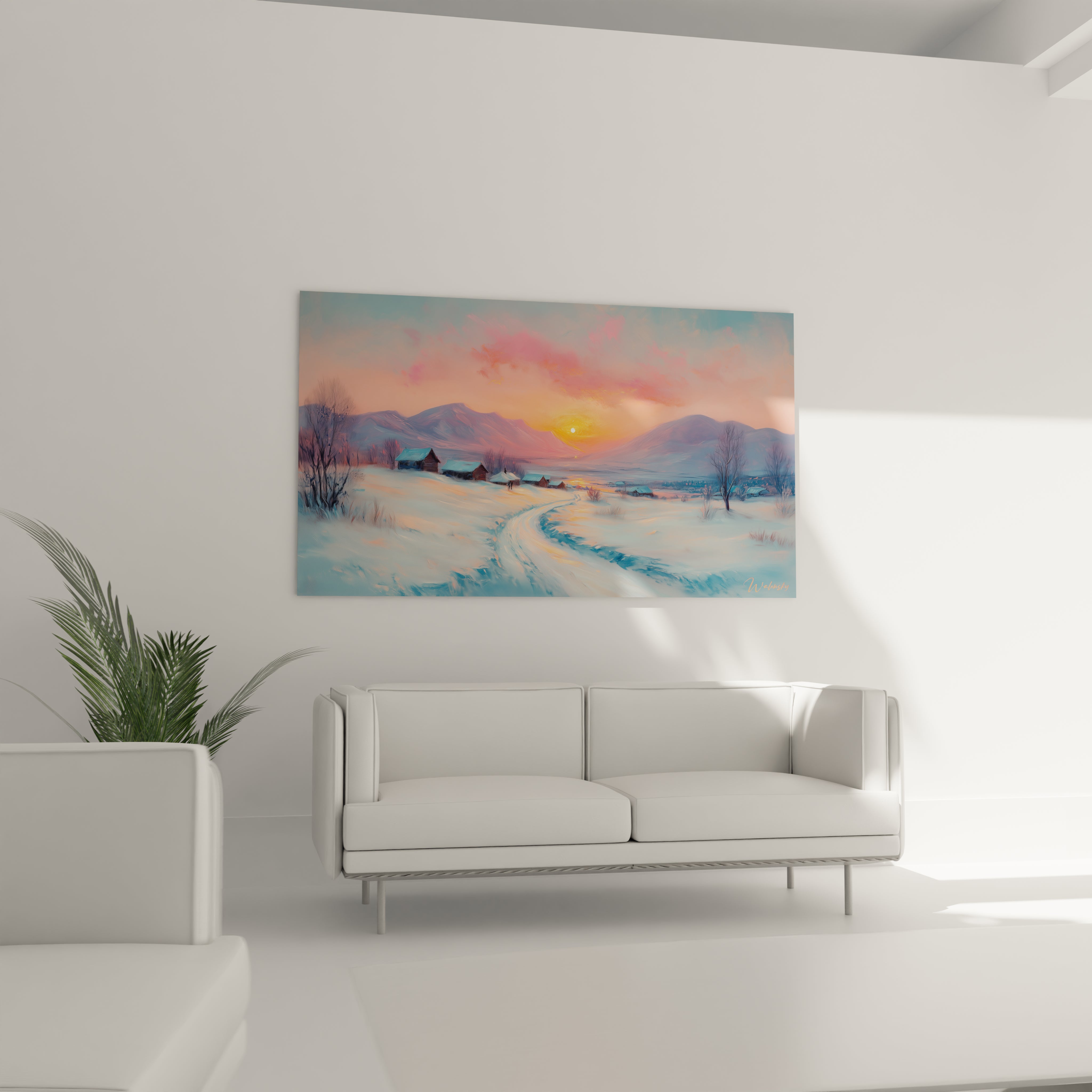Un tableau montrant un paysage de neige avec des habitations alpines, des arbres dénudés, et un ciel flamboyant dominé par des tons orange vif, rose et mauve, créant une atmosphère crépusculaire hivernale.
