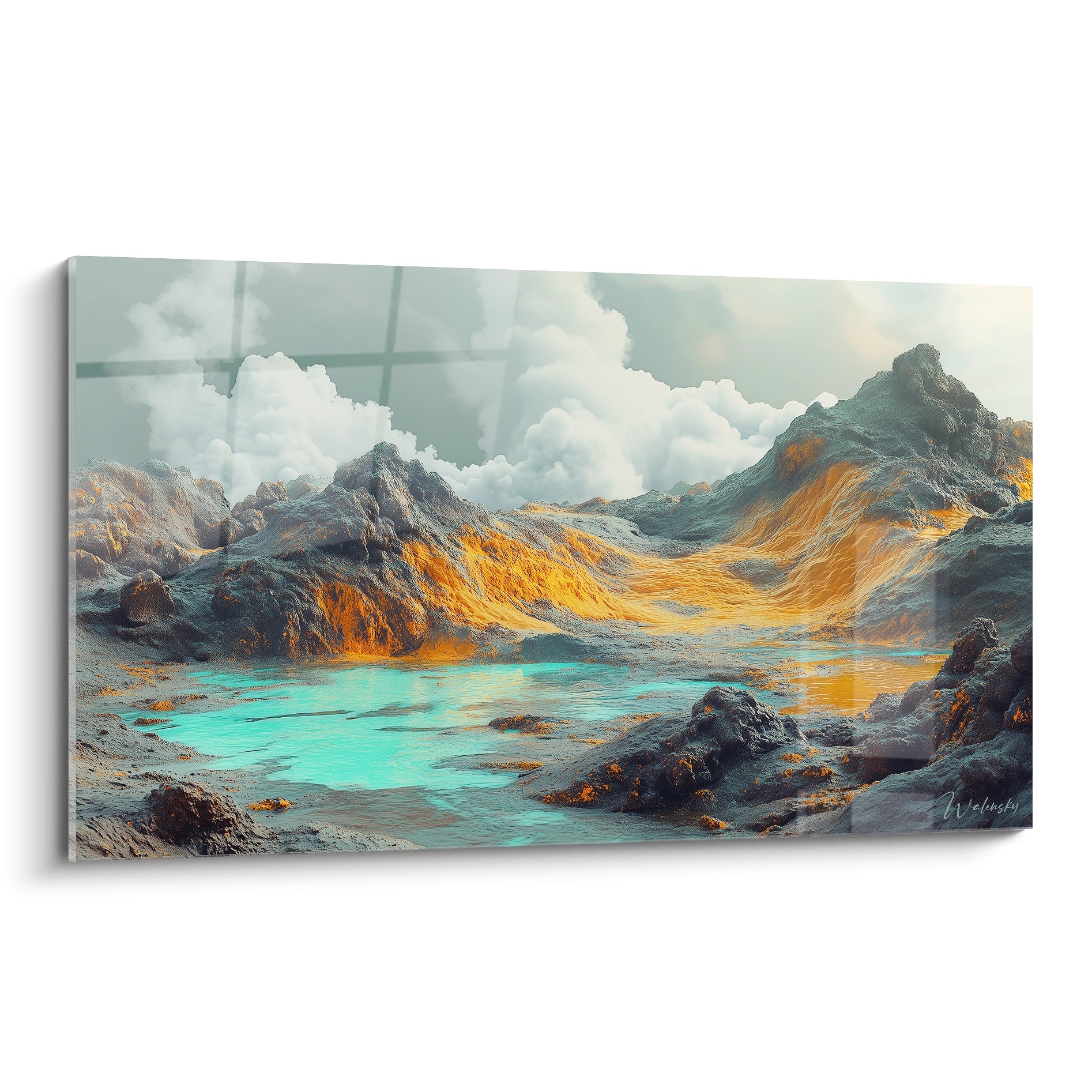 Un tableau montagne aux reliefs rocheux gris et dorés entourant un lac turquoise vibrant, composition horizontale avec des nuages blancs dans un ciel bleuté
