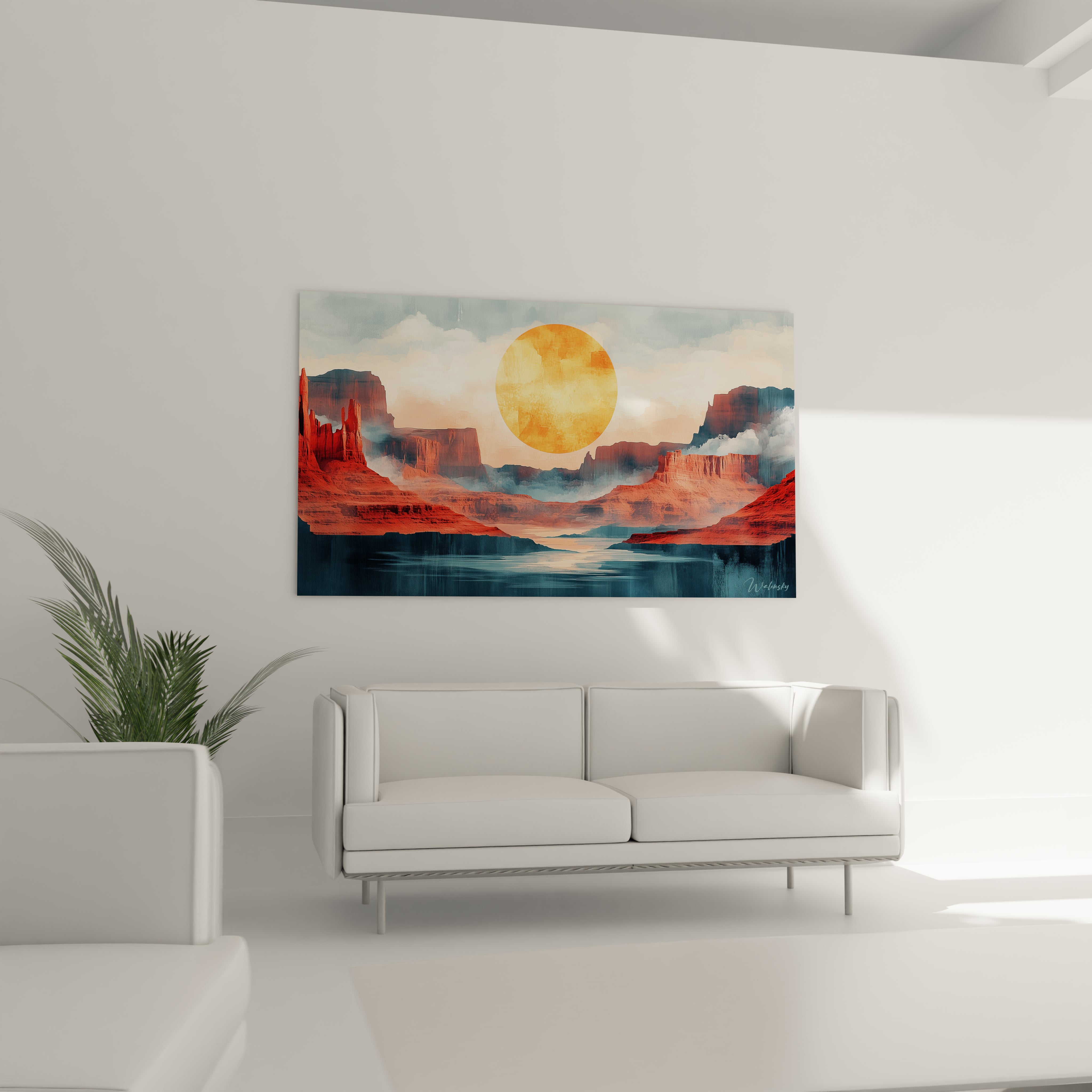 Tableau désert de style contemporain illustrant un paysage monumental de mesas et falaises rouge vif, dominé par un soleil doré circulaire, avec une rivière bleu profond créant un contraste saisissant dans une ambiance de fin de journée.
