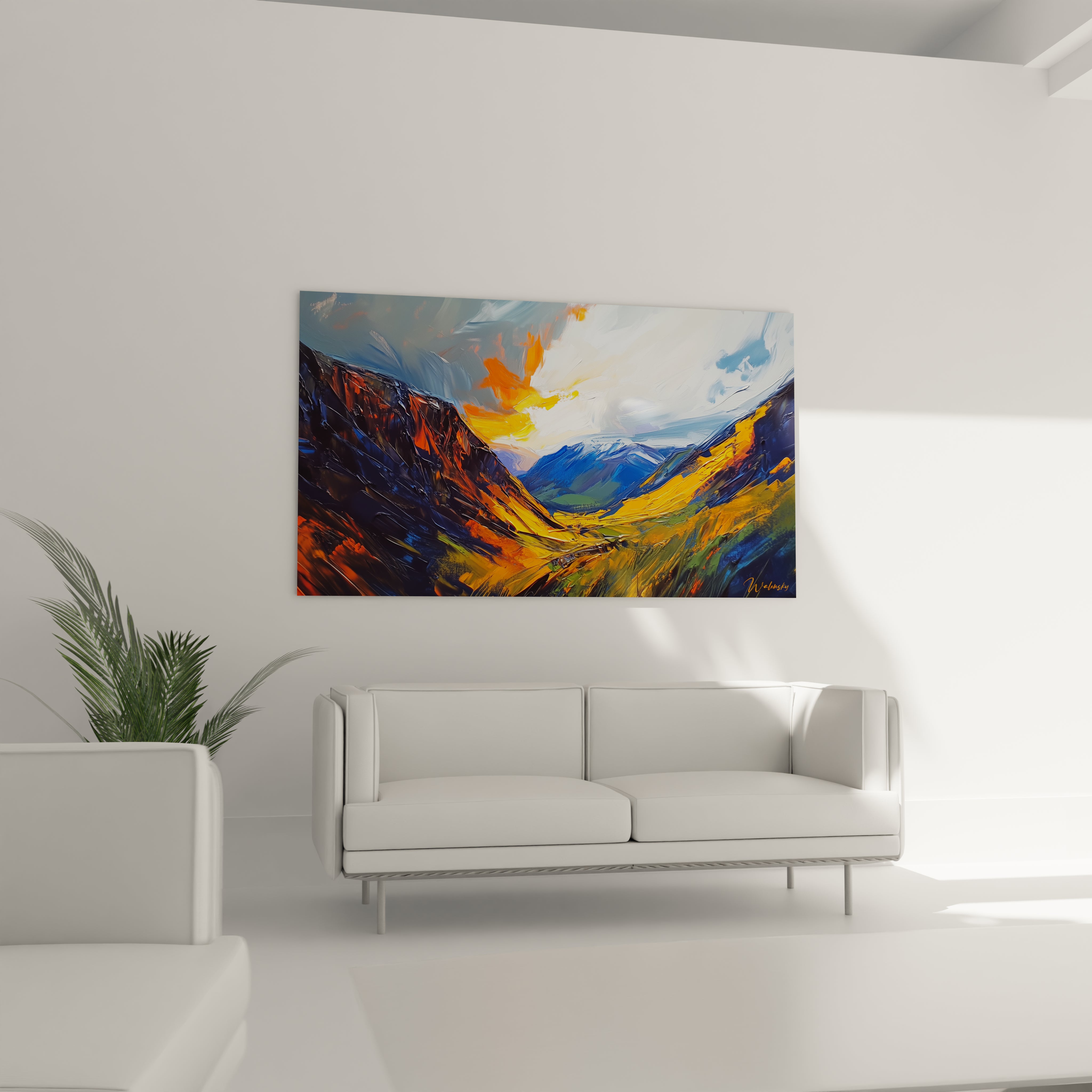 Tableau montagne au style dynamique, crêtes alpines embrasées de couleurs chaudes, contrastes orange-bleu marqués, coups de pinceau énergiques créant relief et mouvement
