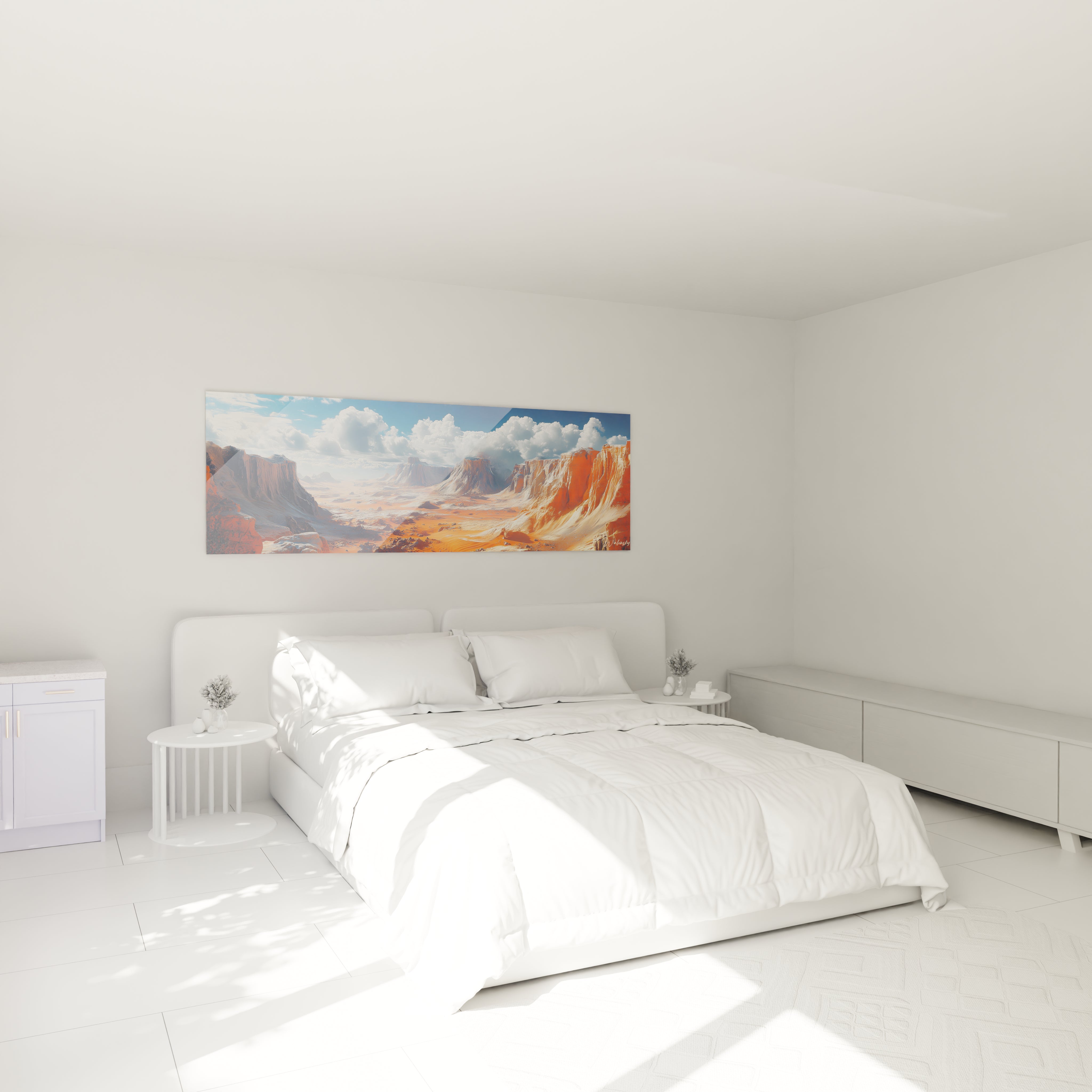 Un tableau montagne montrant un canyon désertique aux parois verticales orangées qui contrastent avec un ciel azur et des nuages volumineux, offrant une perspective étendue sur un paysage aride aux reliefs spectaculaires et textures géologiques.