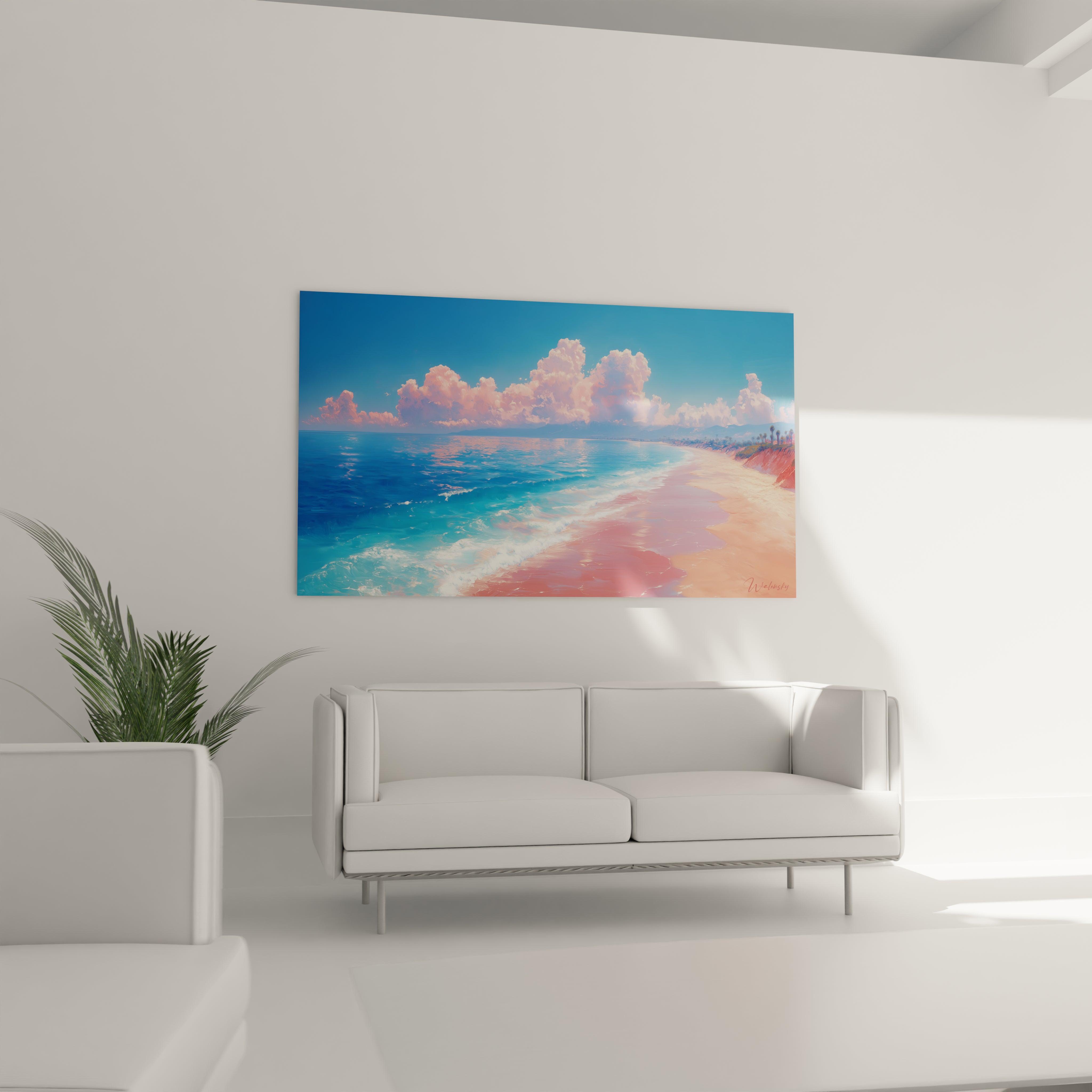 Un tableau plage aux couleurs pastel présentant une scène maritime avec des nuages rose corail dominants, une eau turquoise aux reflets blancs d'écume et une bande de sable colorée par la lumière douce.
