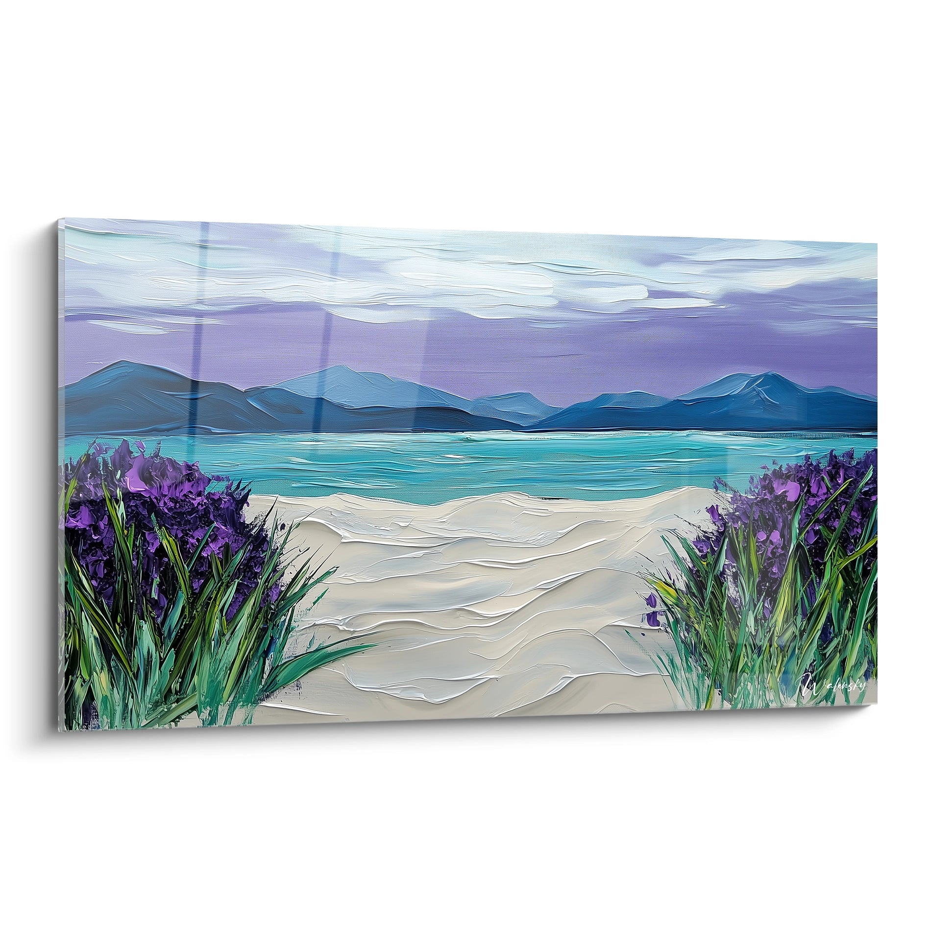 Tableau lavande avec chemin central menant vers une mer turquoise, bordé de masses florales violettes denses et montagnes bleues à l'horizon
