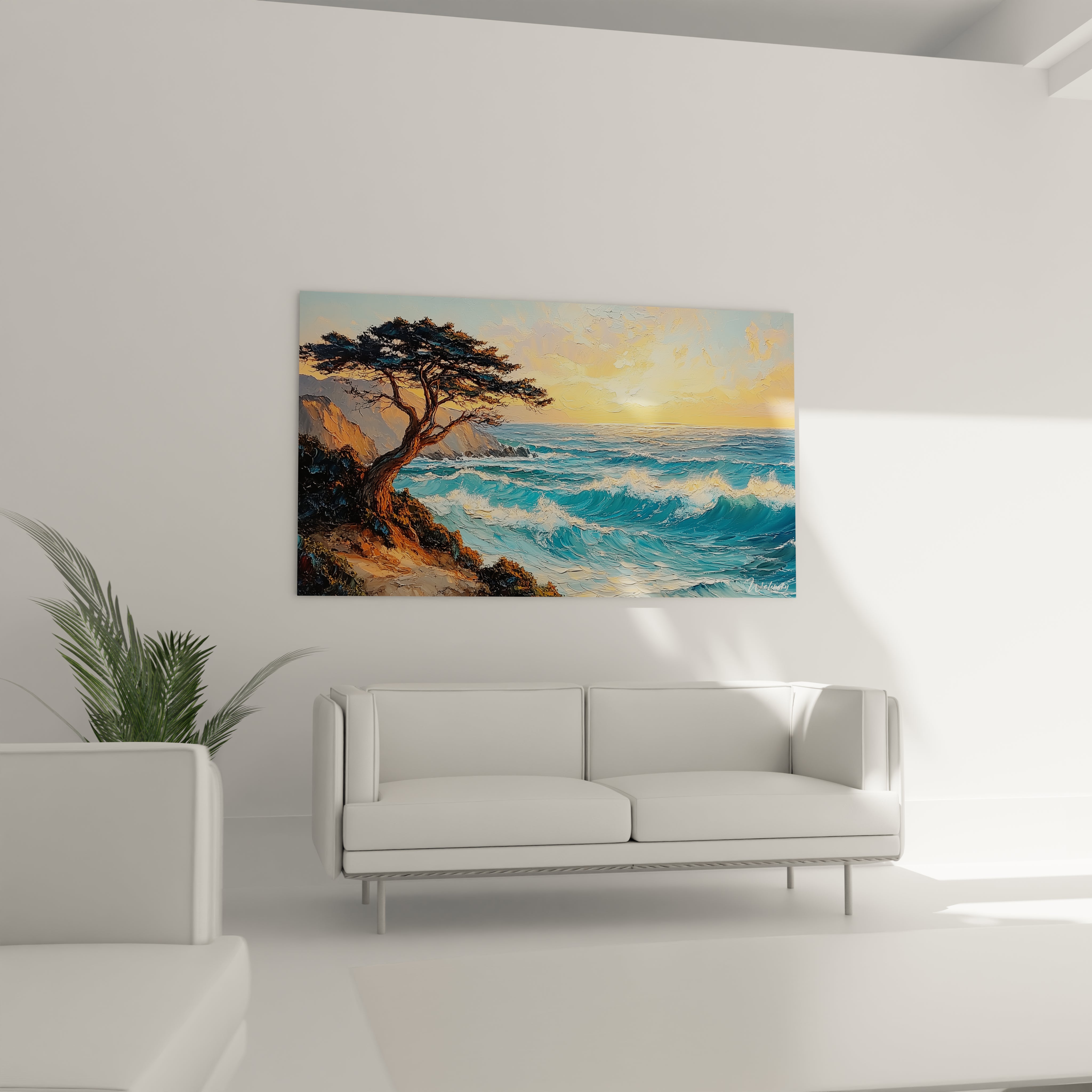 Un tableau mer tumultueuse aux tons bleu turquoise contrastant avec les teintes chaudes du ciel crépusculaire, montrant un pin maritime résistant sur une falaise rocheuse, avec des touches épaisses de peinture créant une surface texturée tridimensionnelle.
