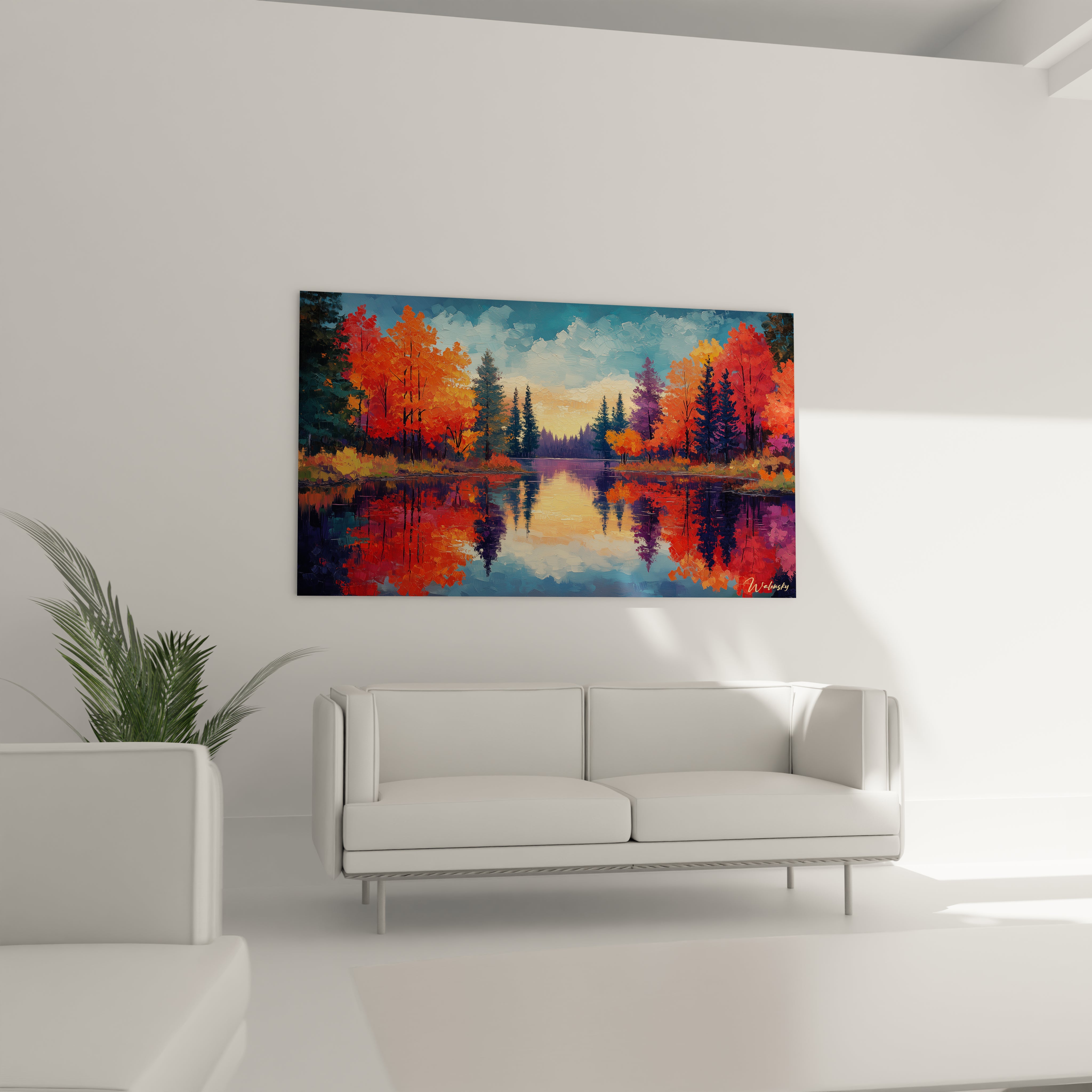 Un tableau forêt reflétée montrant un équilibre parfait entre réalité et miroir aquatique, où les feuillages incandescents des arbres rouge-orangé s'harmonisent avec les conifères sombres et le ciel bleuté, créant une atmosphère paisible accentuée par des empâtements expressifs.
