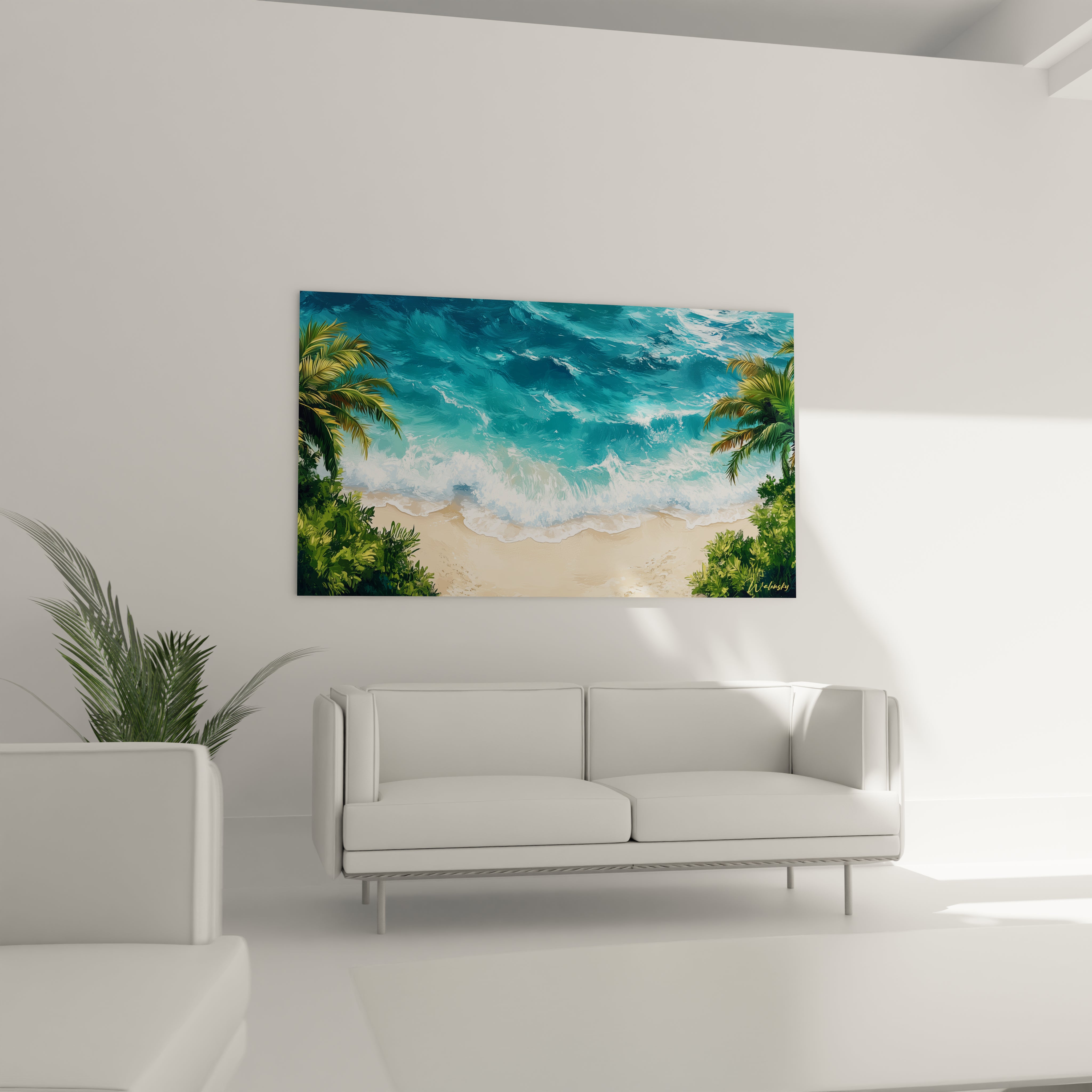 Tableau plage exotique représentant des vagues mouvantes aux nuances turquoise éclatantes, écume blanche brillante, plage dorée et végétation tropicale dense créant un cadre naturel.
