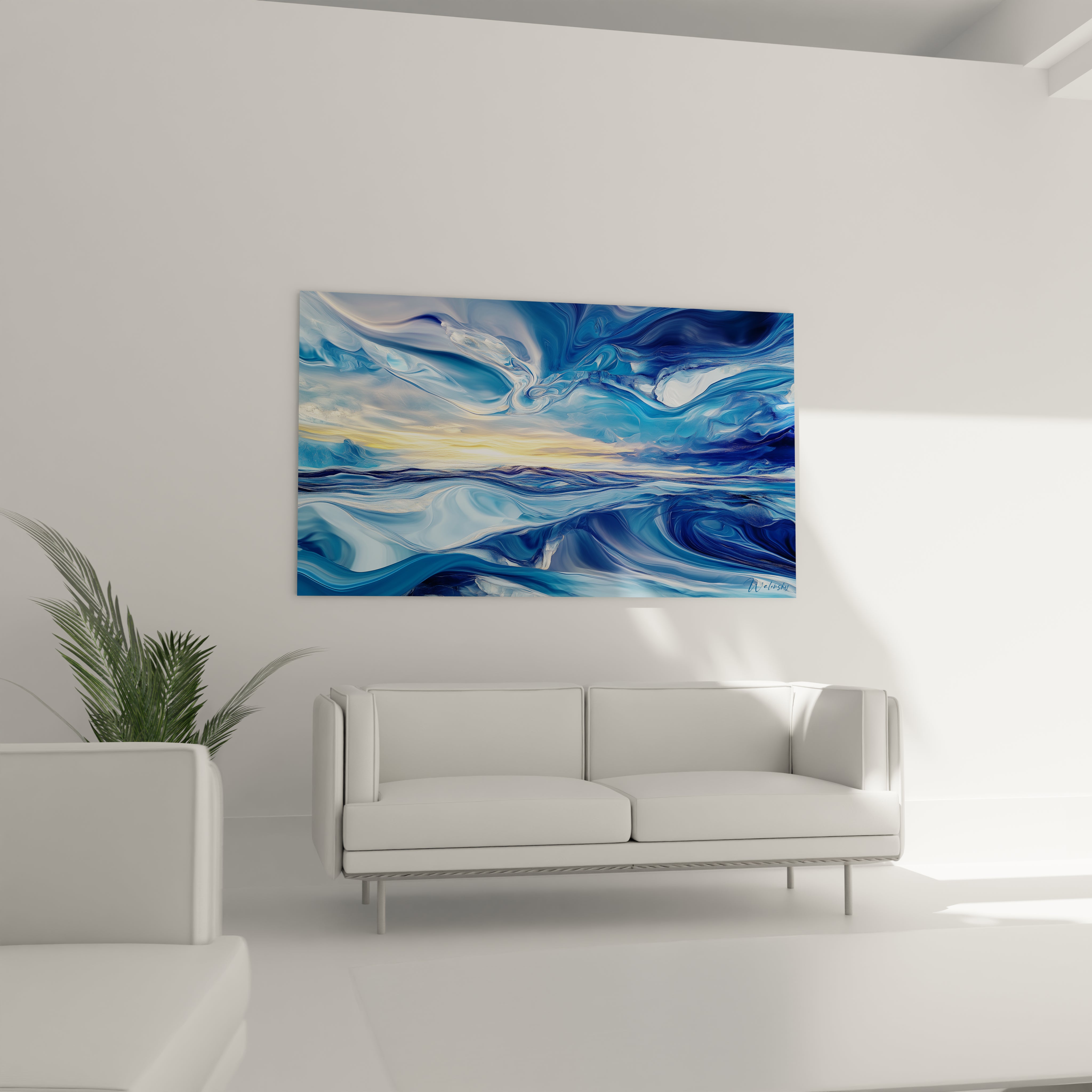Un tableau océan capturant l'essence des vagues en mouvement avec des teintes bleu céruléen, indigo et blanc nacré, où des formes liquides semblent danser sous une lumière dorée à l'horizon, avec des textures lisses et transparentes superposées.
