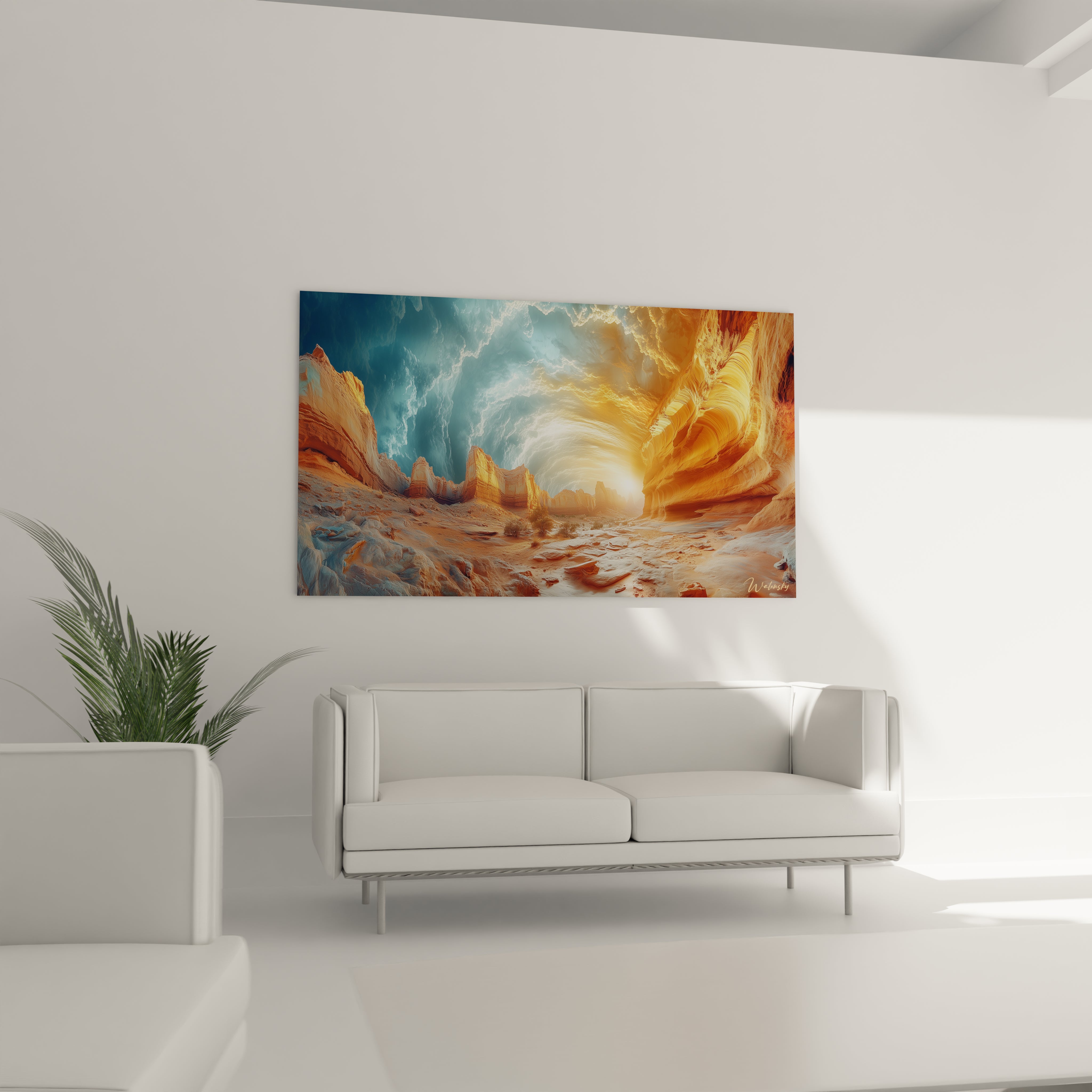 Tableau paysage désertique avec rochers monumentaux orange, sable beige en premier plan, ciel bleu contrasté et source lumineuse centrale créant des effets de relief

