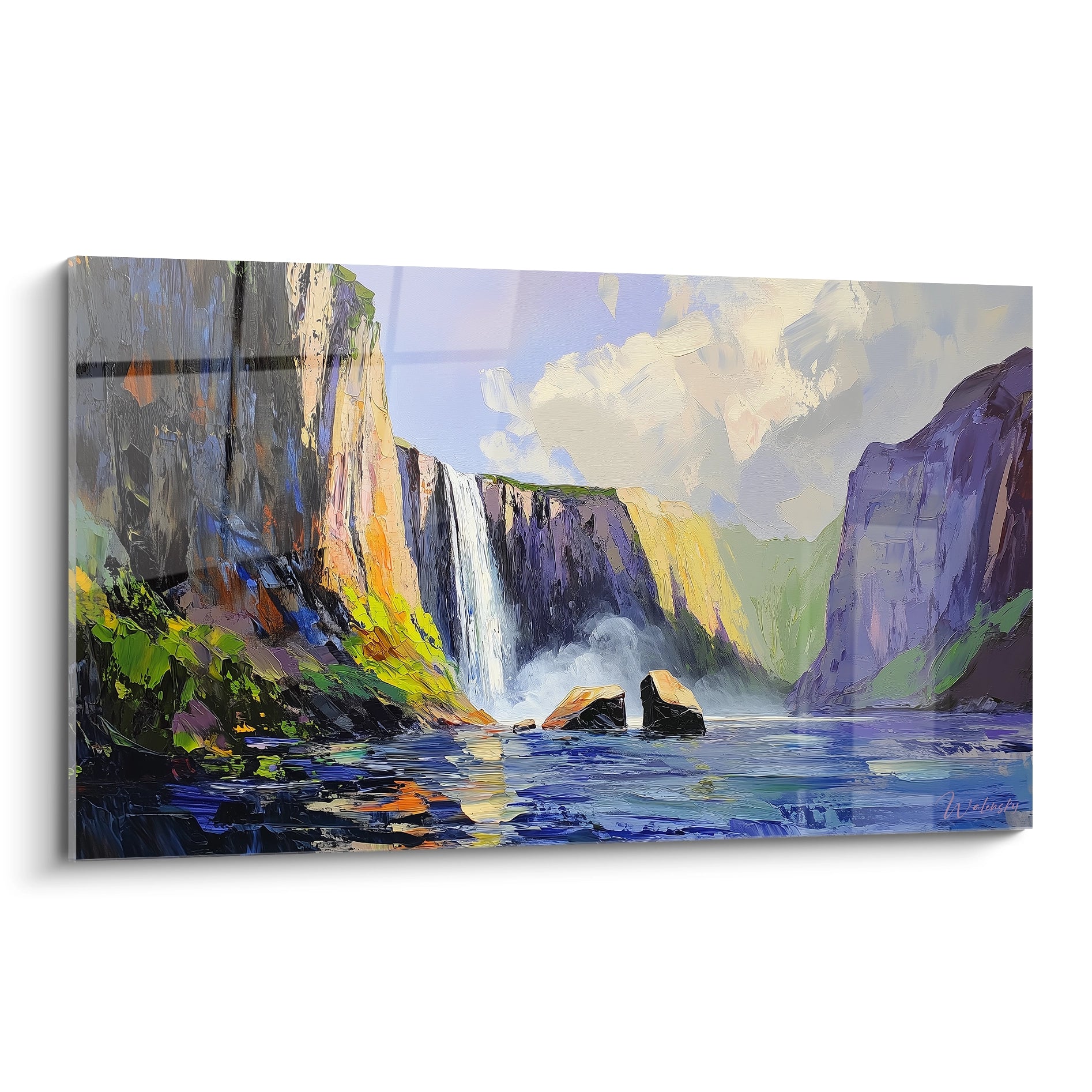 Un tableau montagneux représentant une cascade imposante tombant entre des falaises colorées, avec des tons violets dominants, des reflets bleus dans l'eau et une végétation verte éclatante, le tout peint avec une texture épaisse au couteau.
