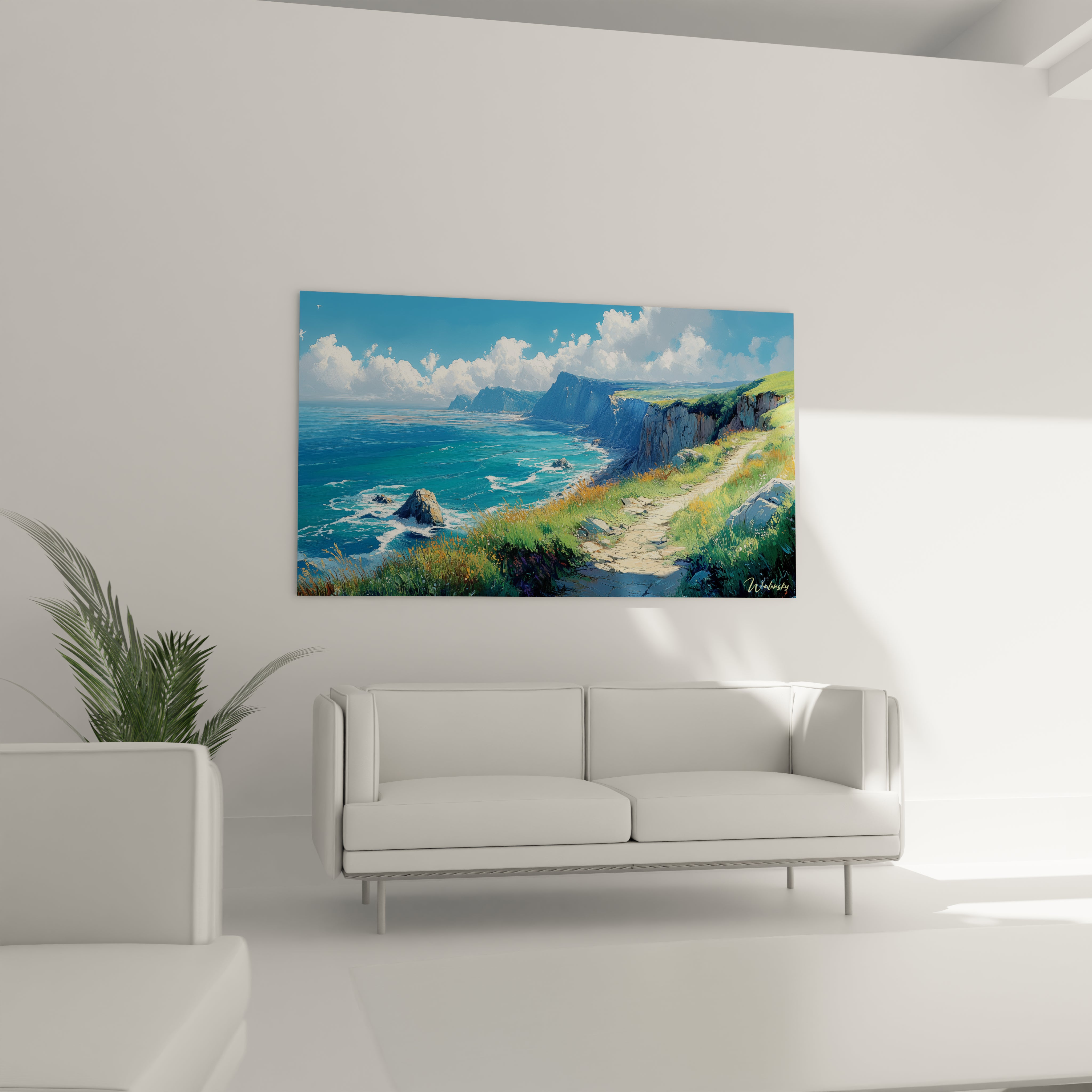 Un tableau côtier représentant un sentier de randonnée serpentant le long de falaises vertigineuses, surplombant une mer aux dégradés de bleu turquoise, avec des vagues blanches s'écrasant contre les rochers, sous un ciel azur orné de nuages cotonneux.
