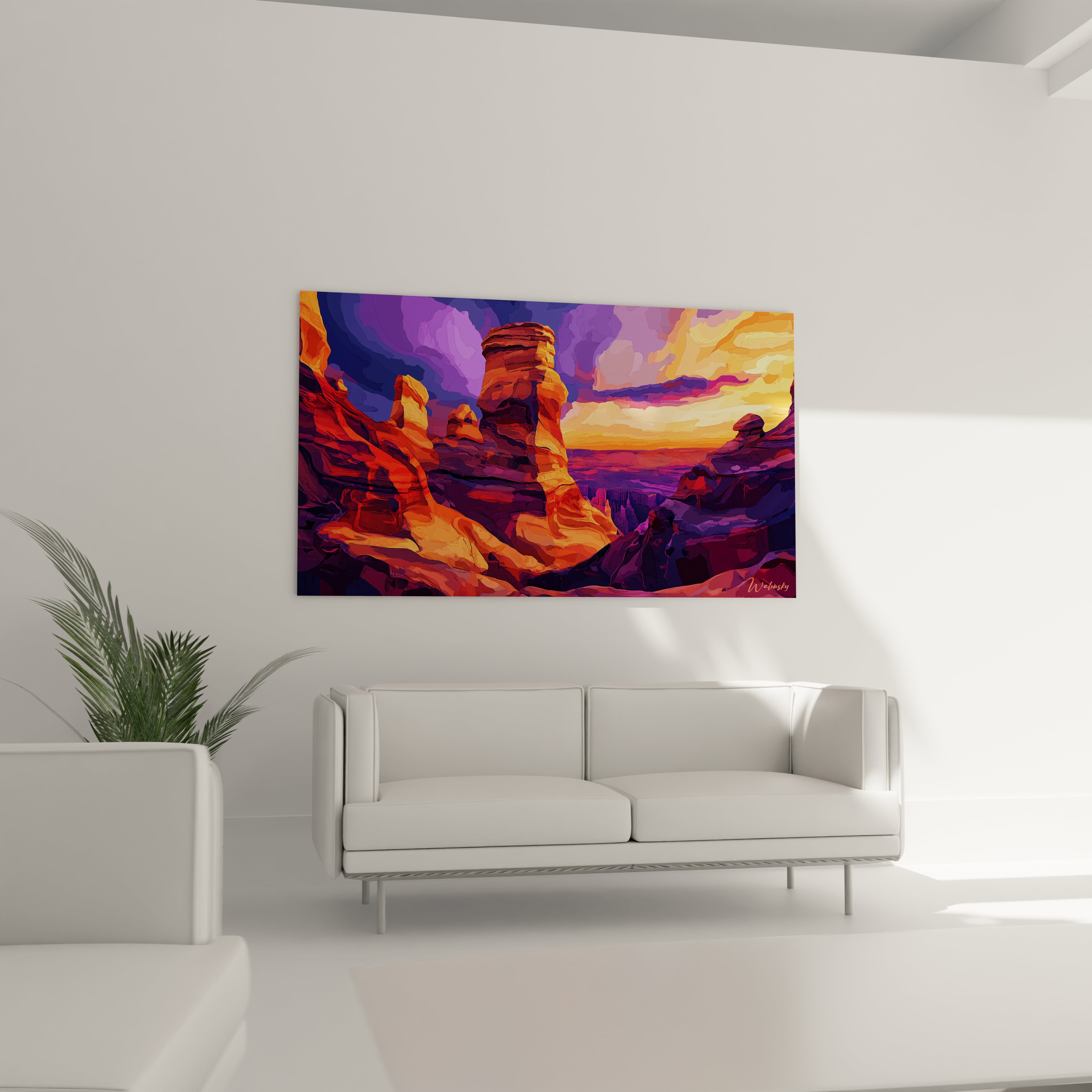 Un tableau canyon rocheux illustrant des colonnes de pierre érodées aux teintes flamboyantes d'orange et de rouge. Le jeu de lumière crée un contraste saisissant entre les surfaces éclairées et les creux violacés, sous un ciel aux dégradés spectaculaires du violet à l'or.
