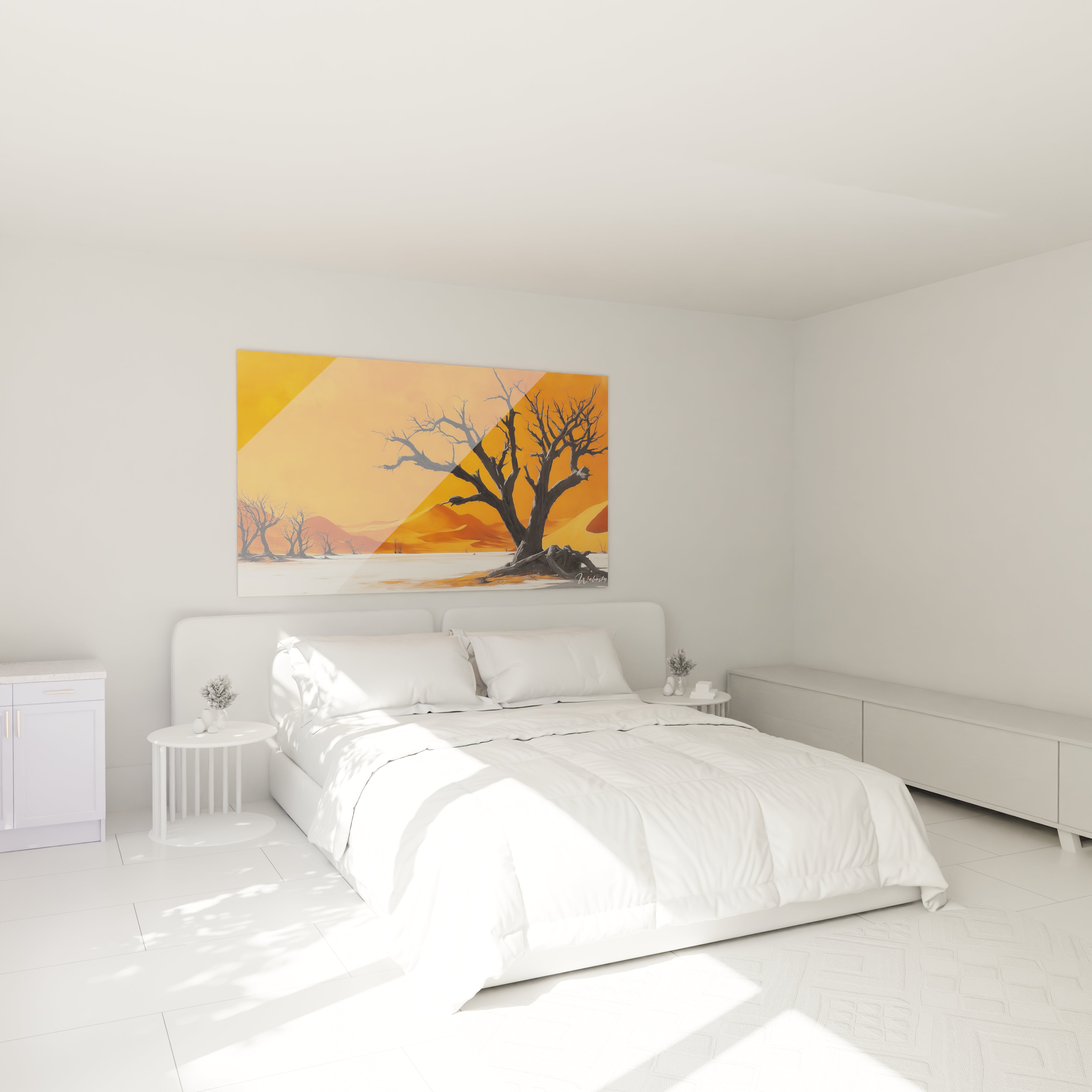 Tableau désert montrant plusieurs silhouettes noires d'arbres sans feuilles contre un ciel orangé intense, des dunes ondulantes et un terrain désertique blanc
