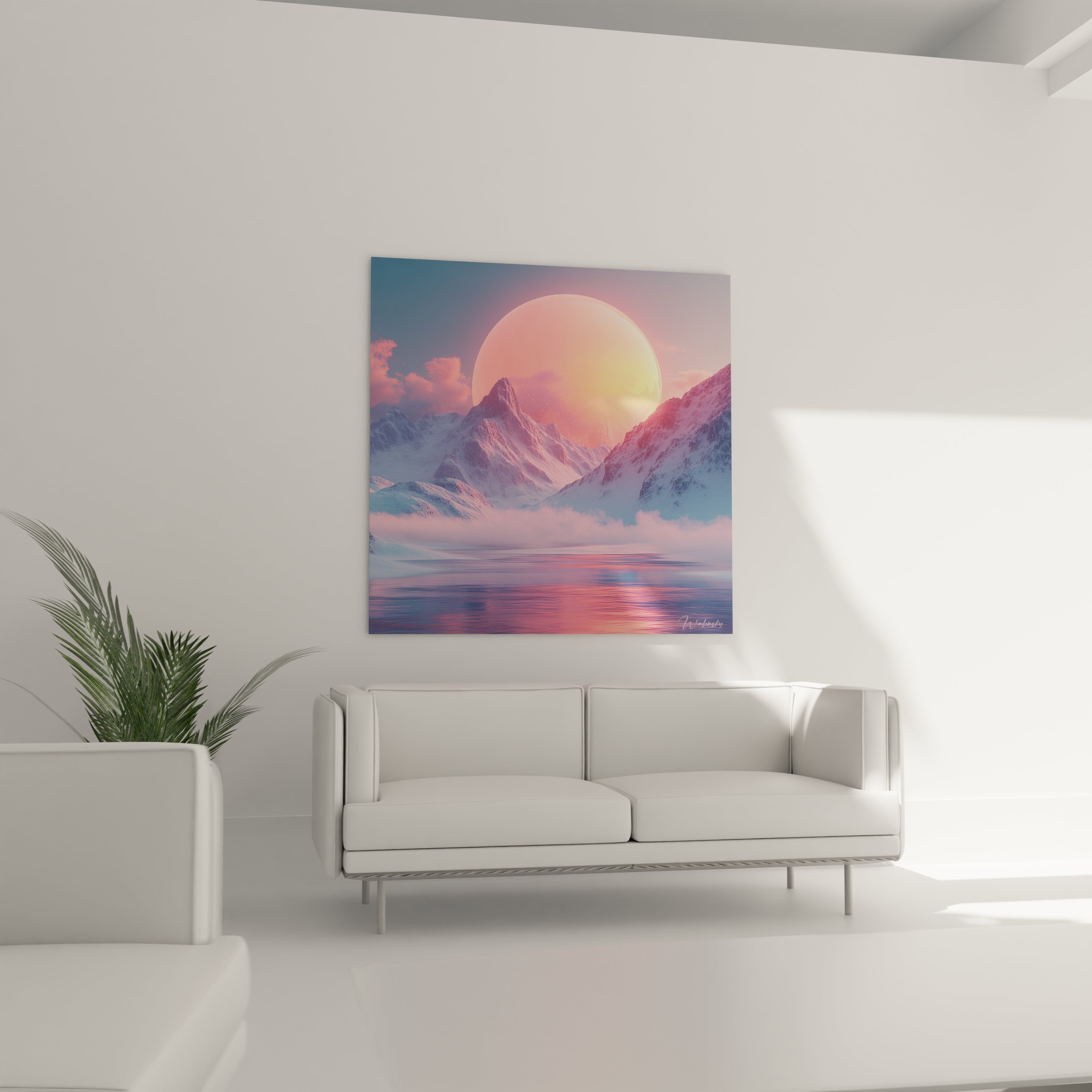 Un tableau montagne représentant une chaîne de sommets enneigés entourant une large sphère lumineuse aux teintes roses et jaunes. Les montagnes blanches aux ombres bleutées encadrent cette apparition céleste, créant un paysage féerique reflété dans l'eau paisible.
