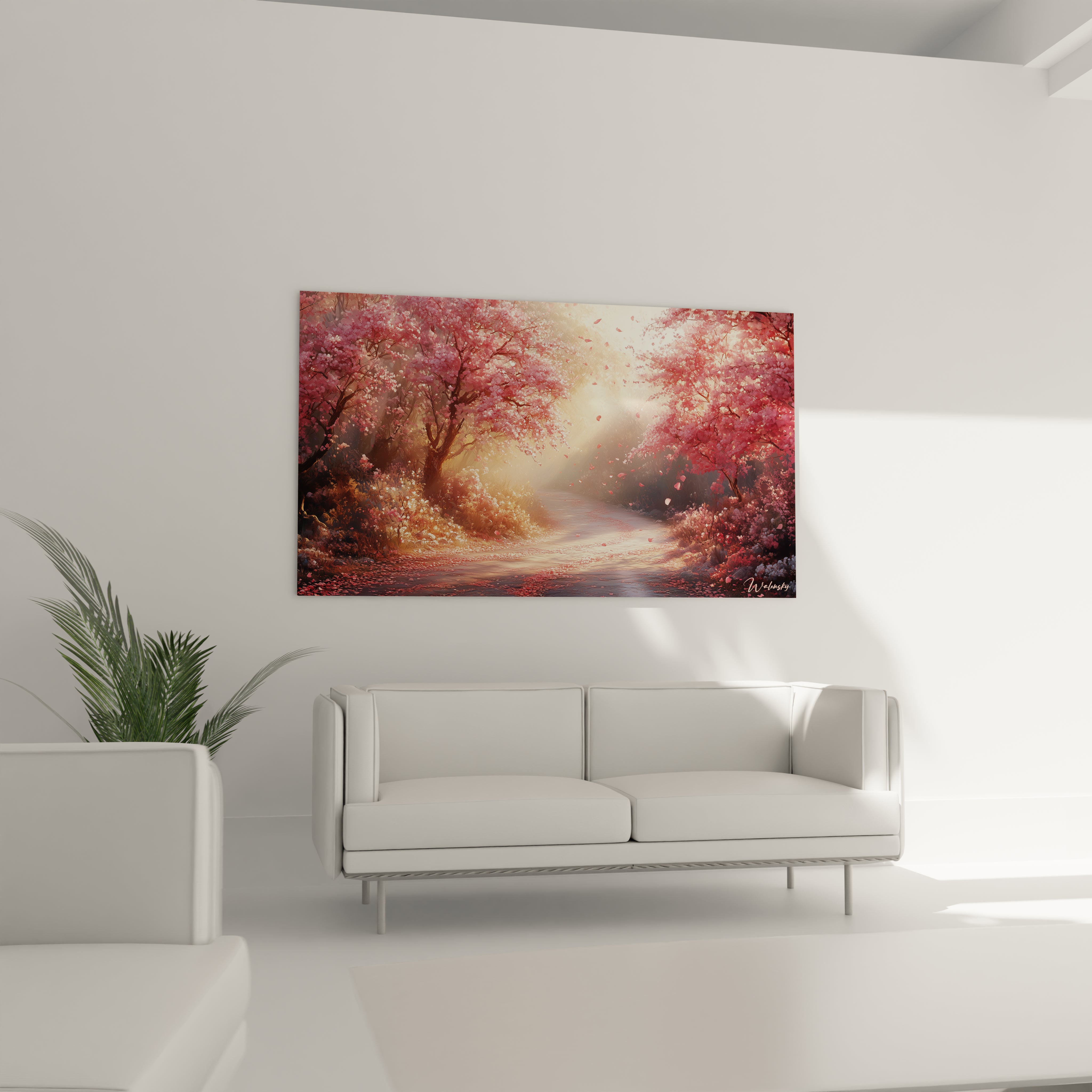 Un tableau forêt printanière capturant l'instant magique où la lumière traverse une allée de cerisiers en fleurs, mêlant des roses profonds et pâles avec des touches dorées et blanches, créant un contraste saisissant entre les zones d'ombre et de clarté.
